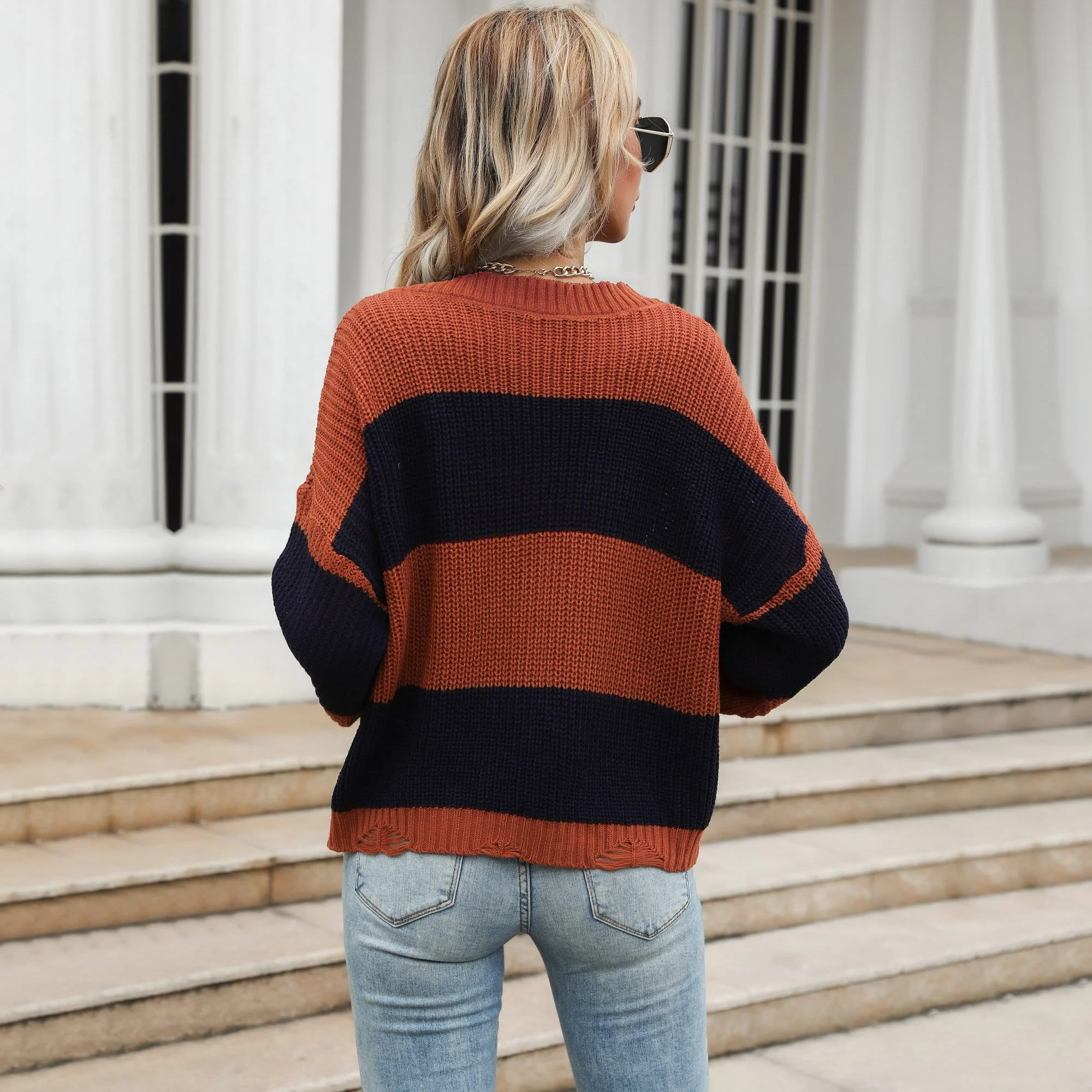V Neck Striped Fall Sweater - Image 4