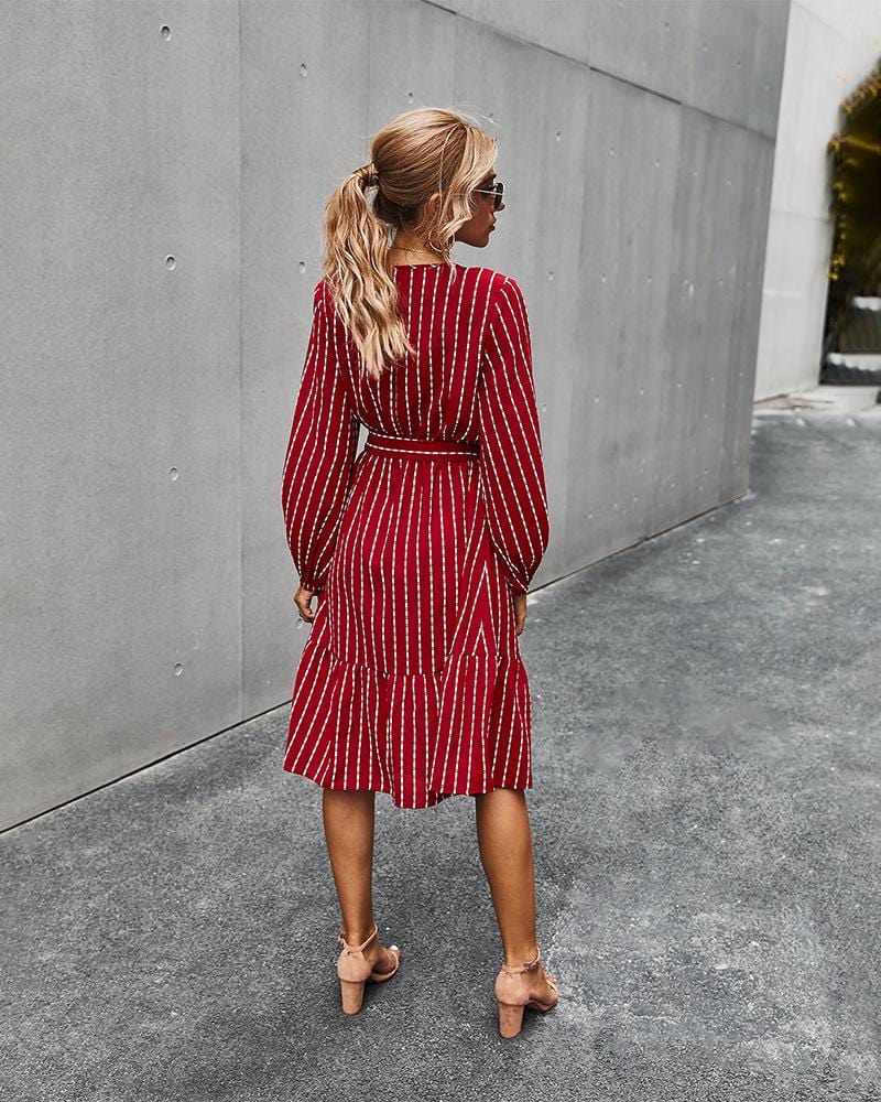 V Neck Tie Waist Striped Dress - Image 11
