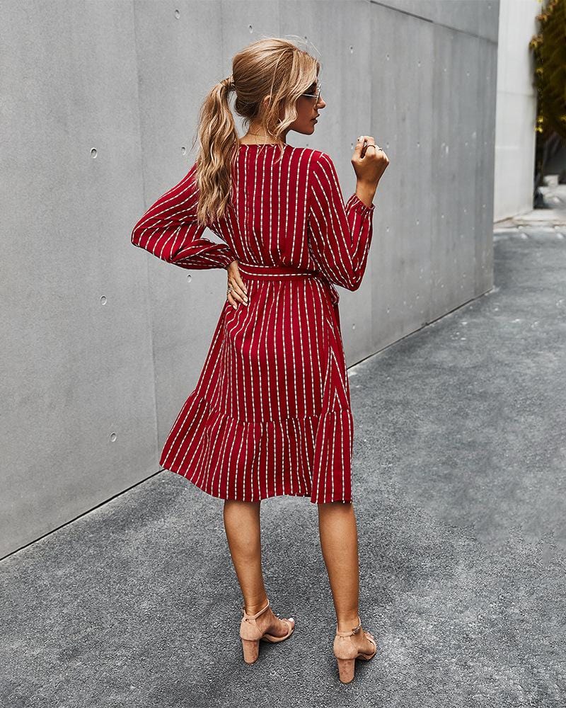 V Neck Tie Waist Striped Dress - Image 12