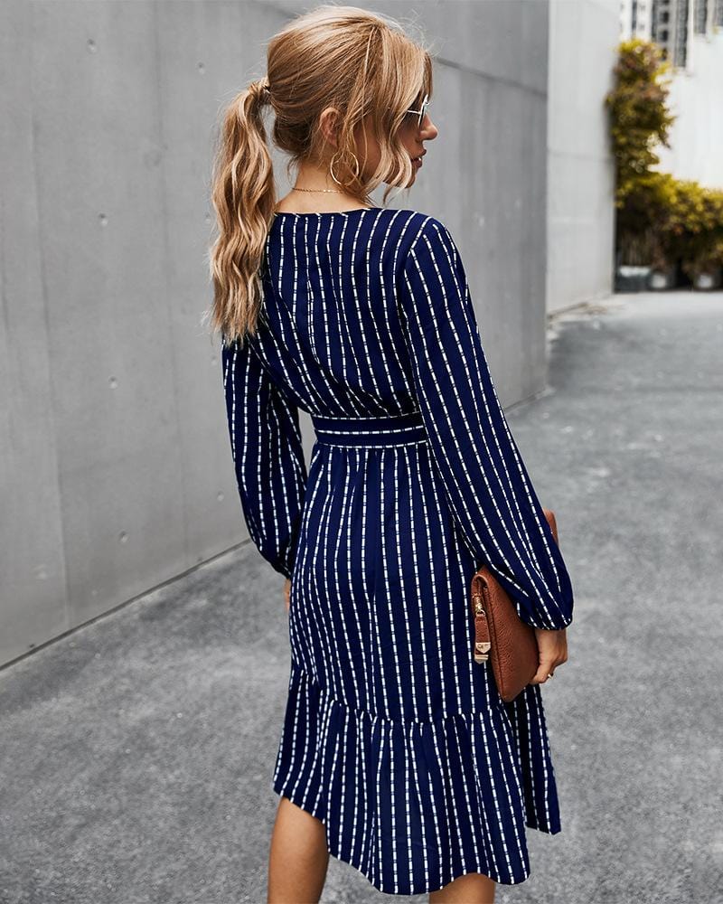 V Neck Tie Waist Striped Dress - Image 16