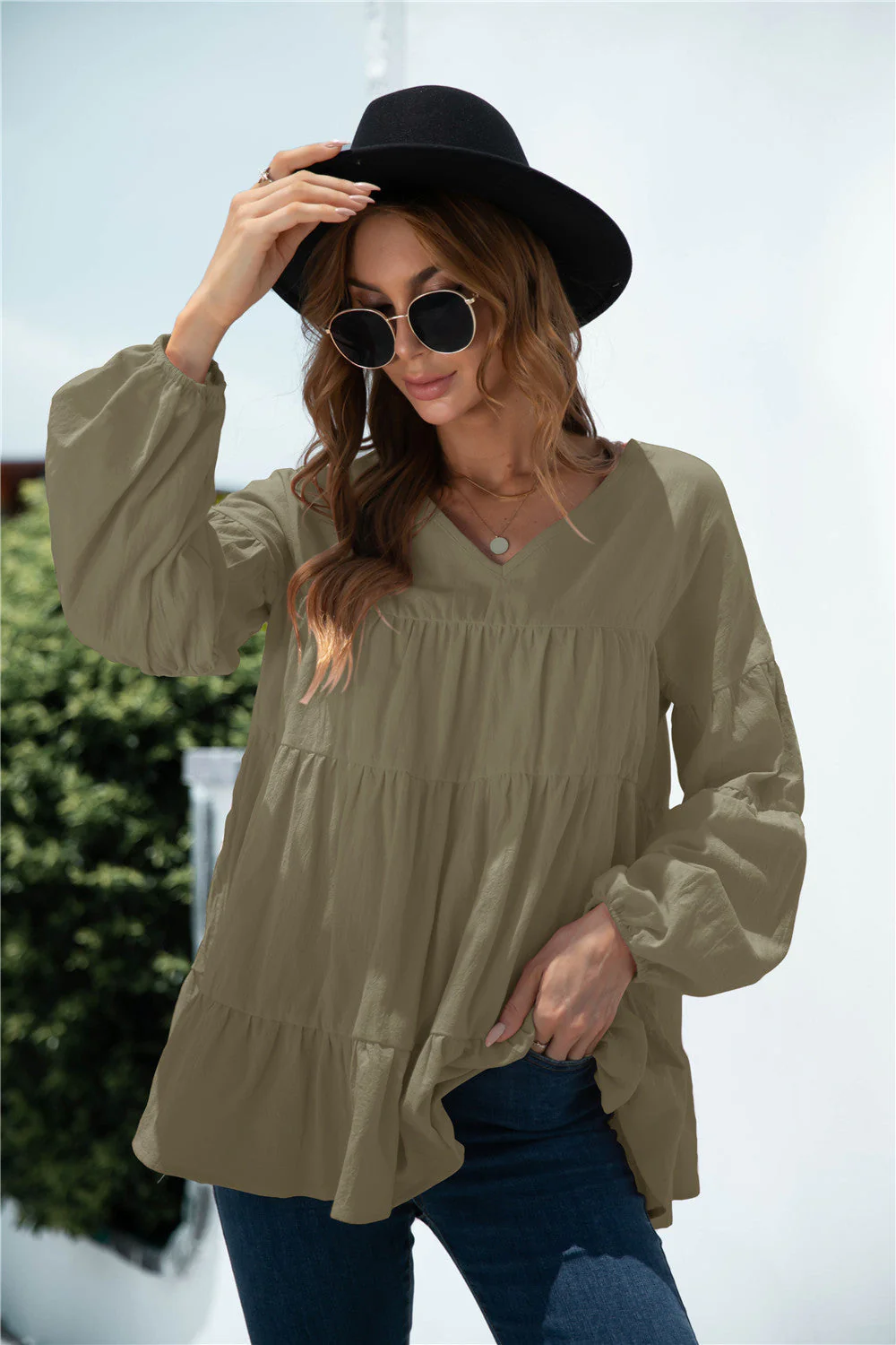 V-Neck Transitional Gathered Blouse - Image 16