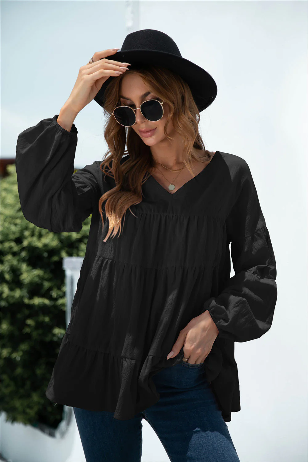 V-Neck Transitional Gathered Blouse - Image 2
