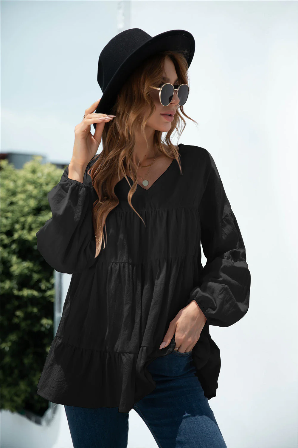 V-Neck Transitional Gathered Blouse - Image 3
