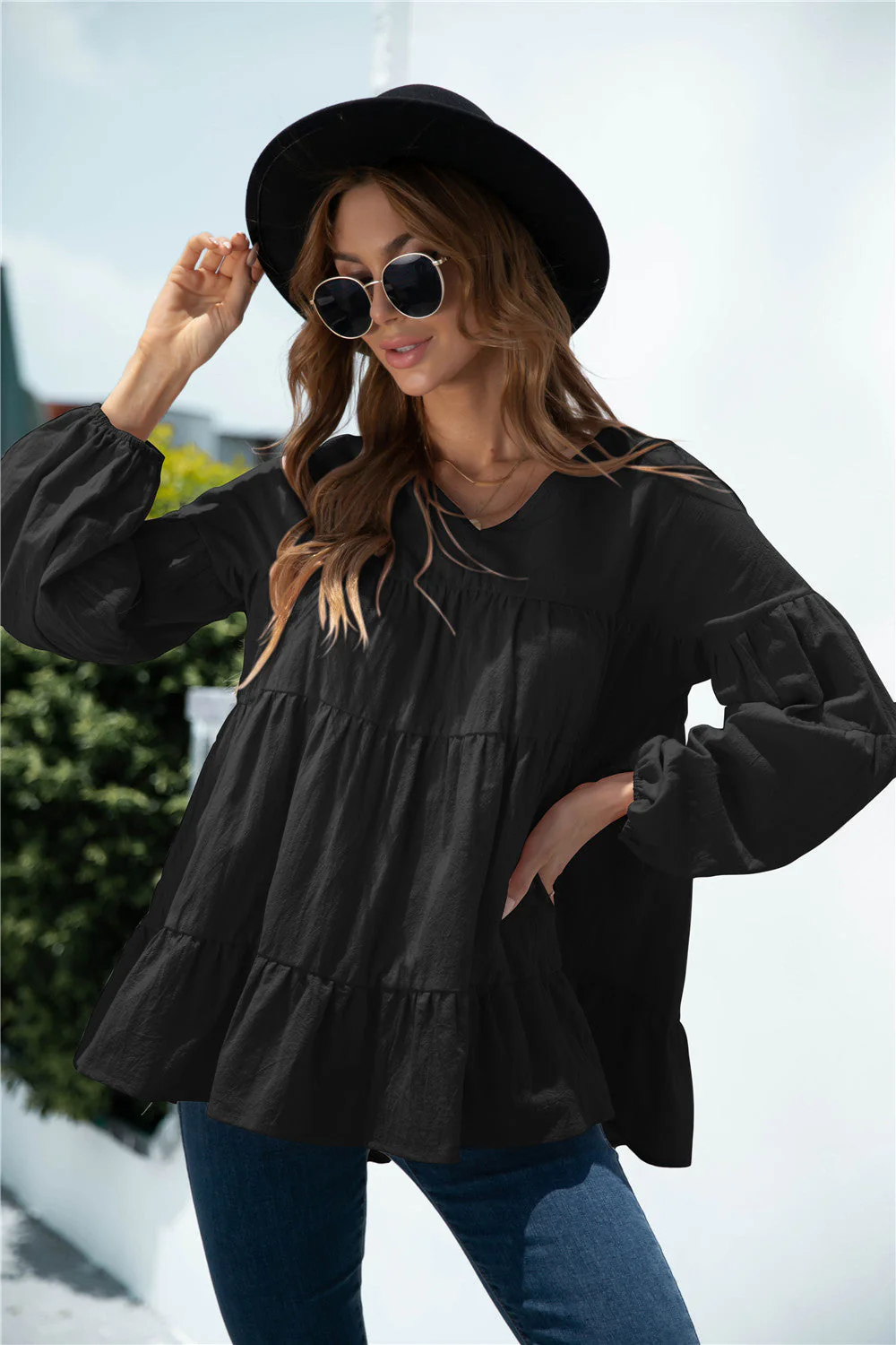 V-Neck Transitional Gathered Blouse - Image 4