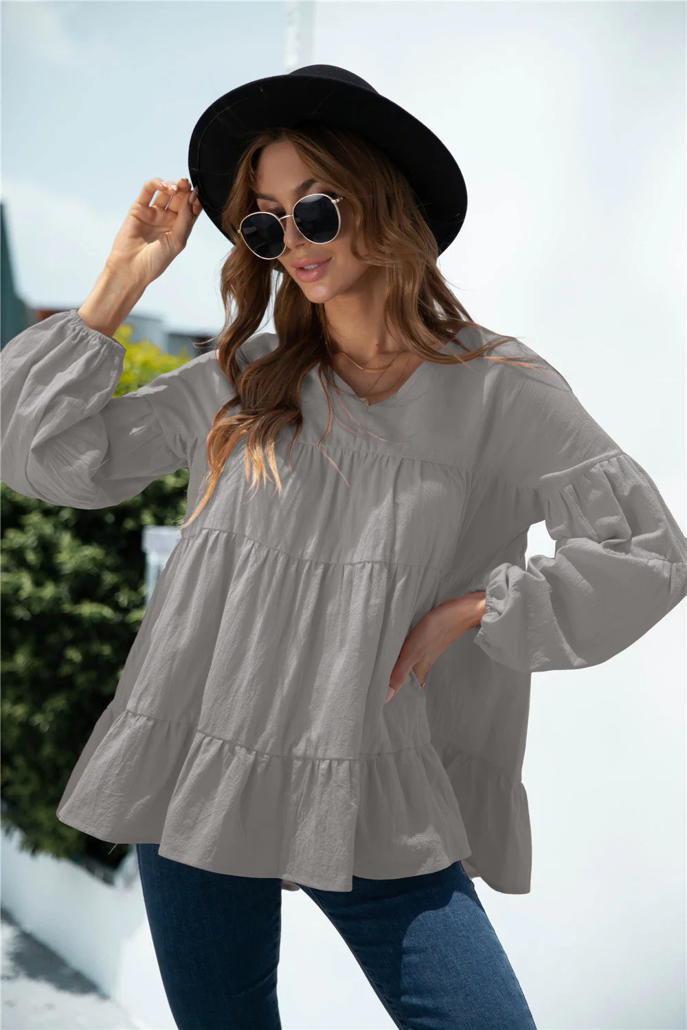 V-Neck Transitional Gathered Blouse - Image 9