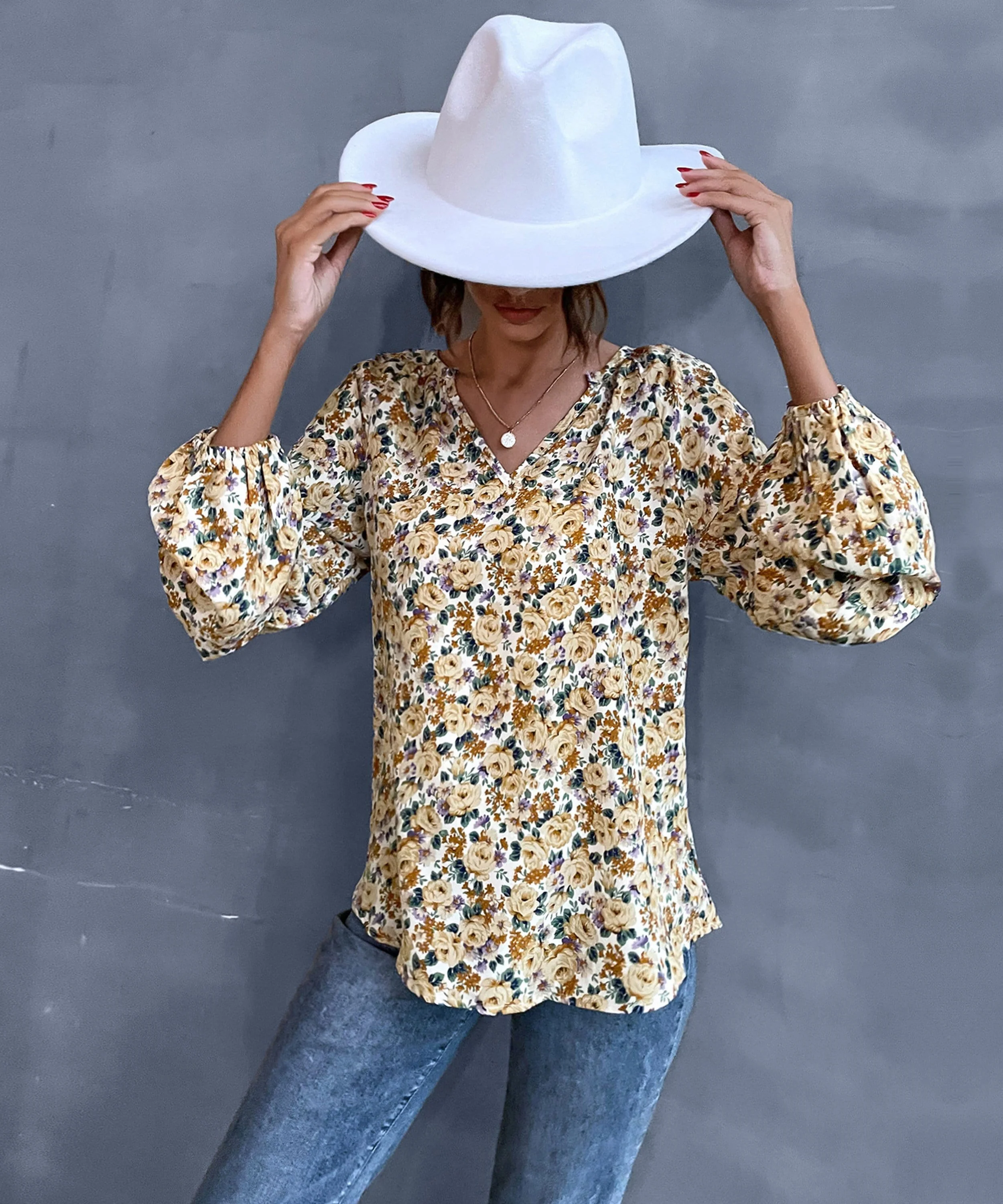 V Neck Vintage Floral Blouse - Image 3