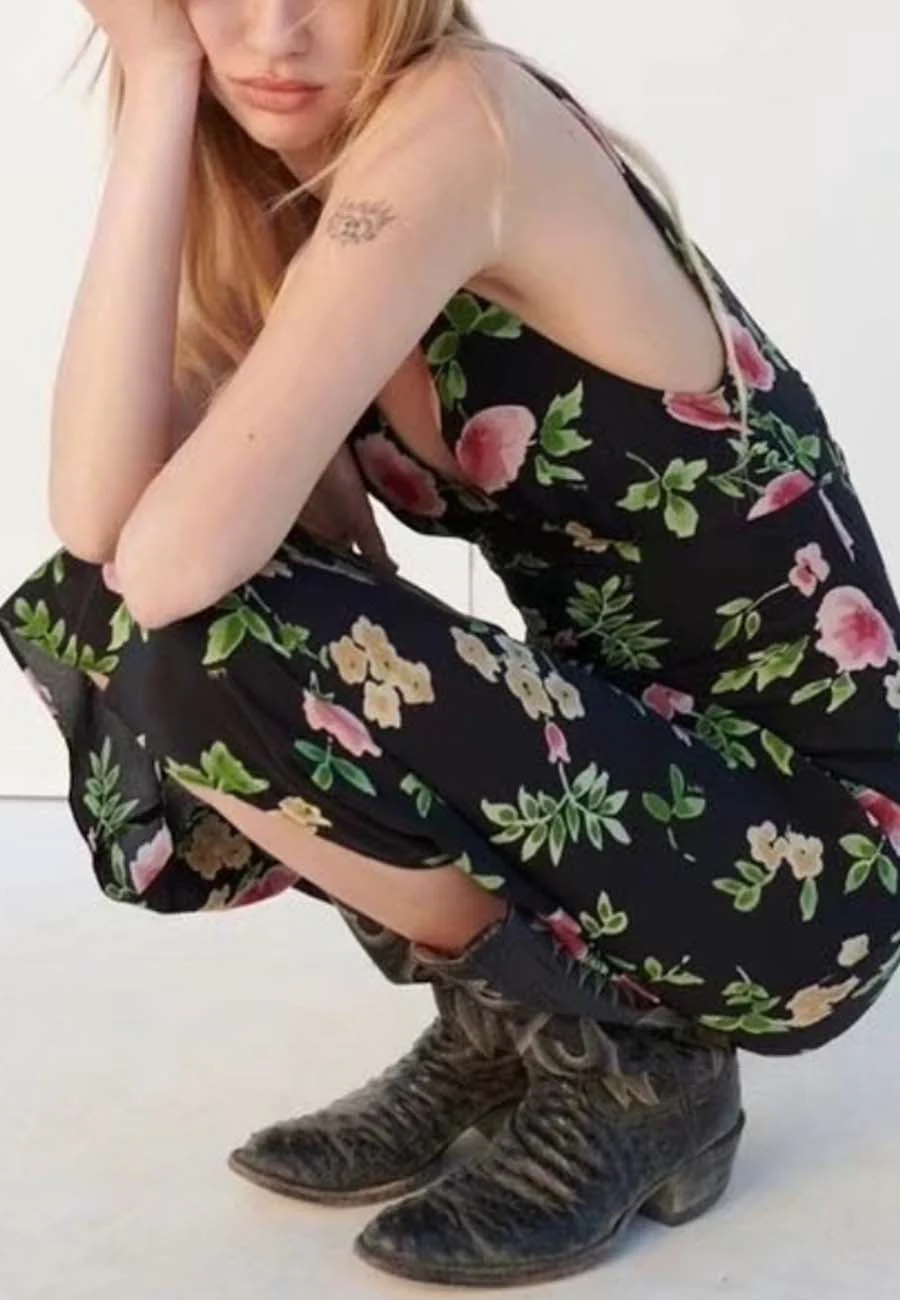 V Shaped Back & Front Green Floral Dress - Image 2