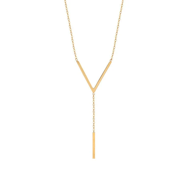 V-Shaped Gold Necklace with Straight Hanging Pendent - Image 4