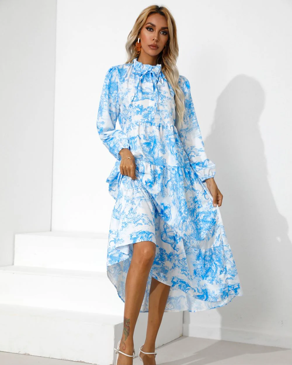 Vintage Print Tiered Hem Dress - Image 12