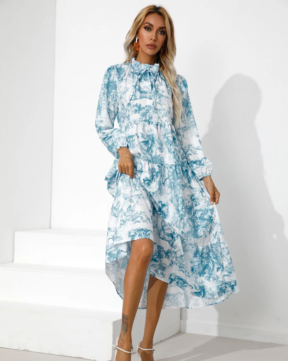 Vintage Print Tiered Hem Dress - Image 14
