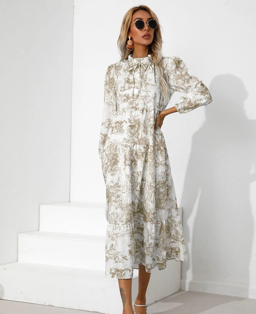 Vintage Print Tiered Hem Dress - Image 7