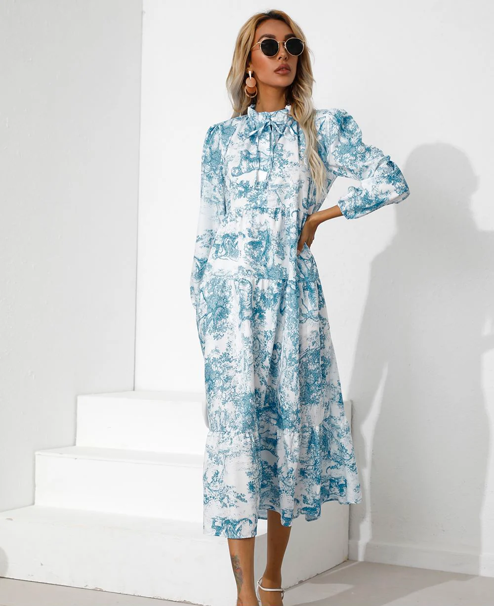 Vintage Print Tiered Hem Dress - Image 8