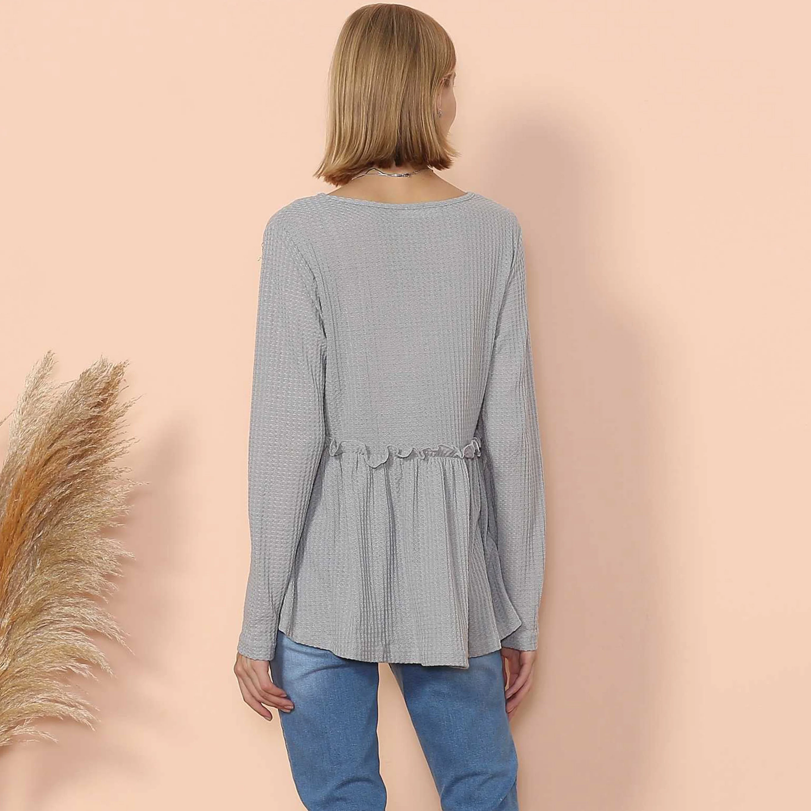 Waffle Knit Cinched Ruffle Long Sleeve - Image 3