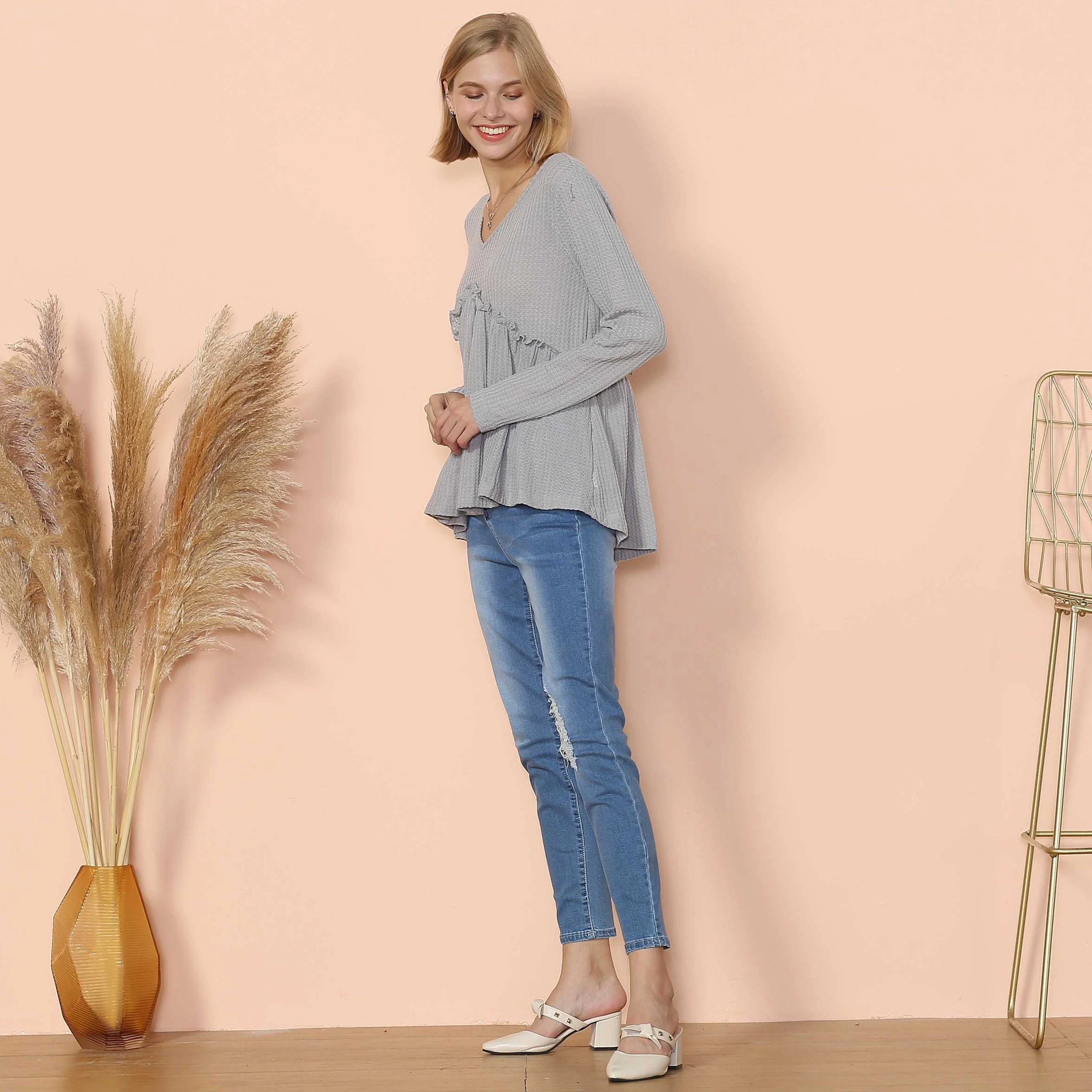 Waffle Knit Cinched Ruffle Long Sleeve - Image 4
