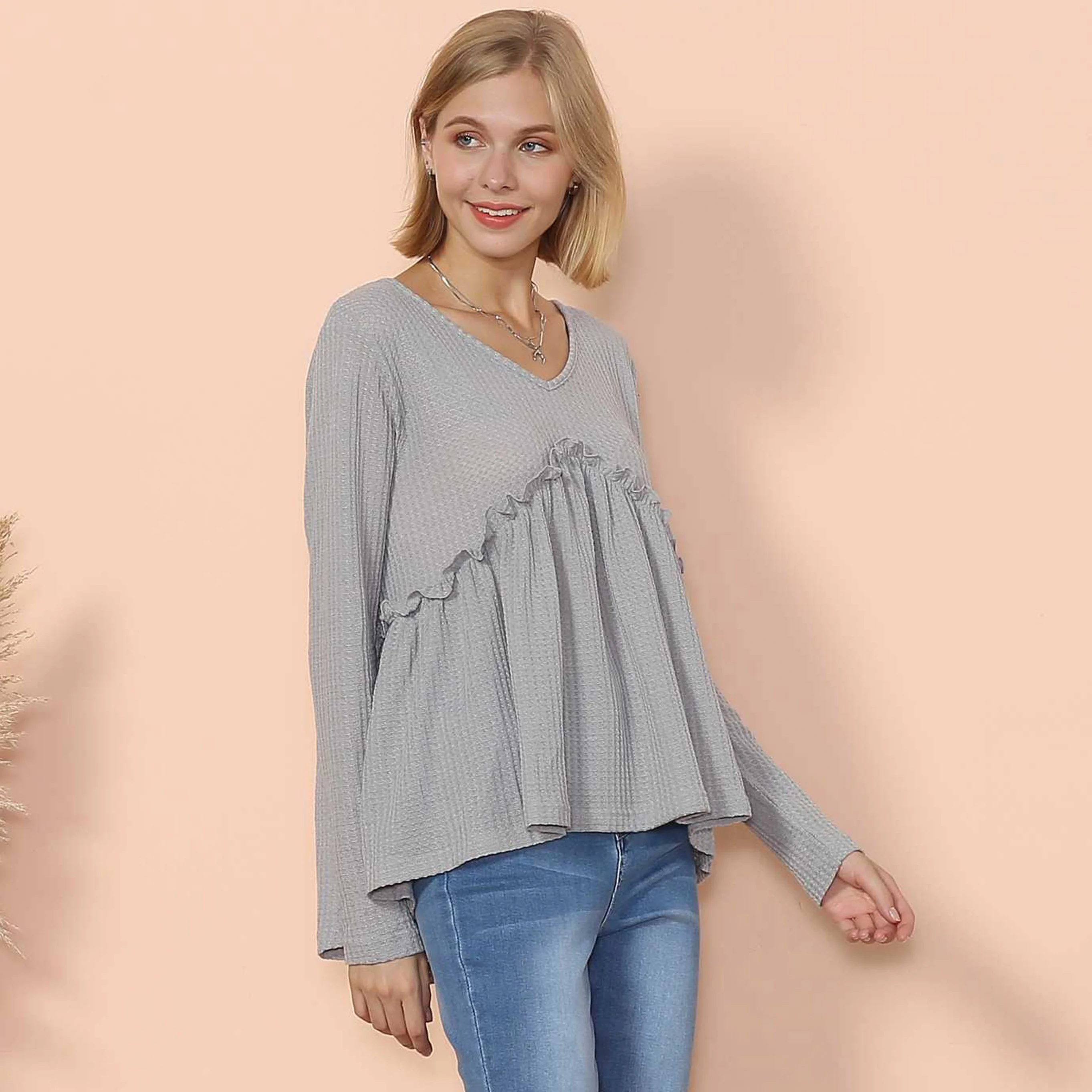 Waffle Knit Cinched Ruffle Long Sleeve - Image 6