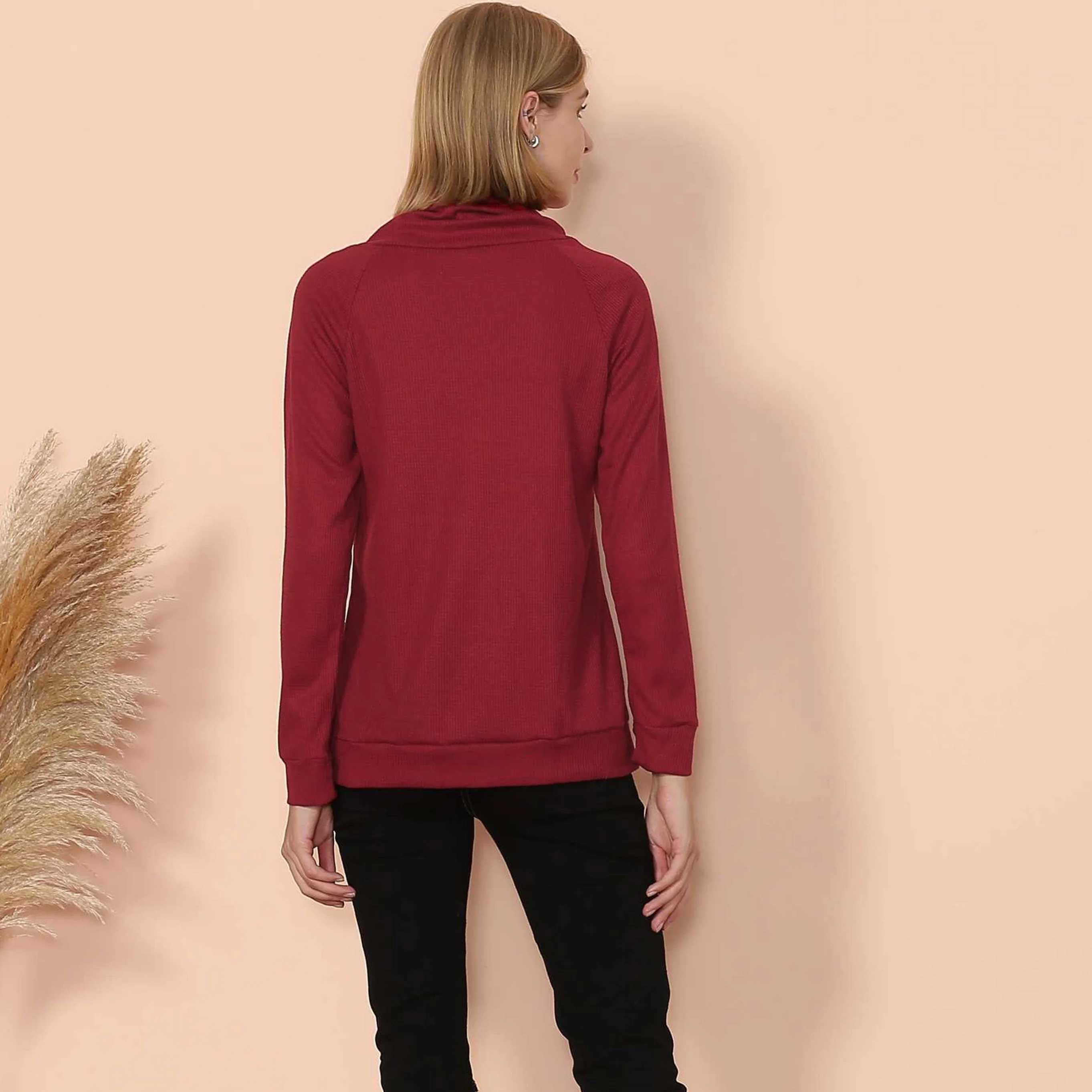 Waffle Knit Cowl Neck Pullover - Image 10