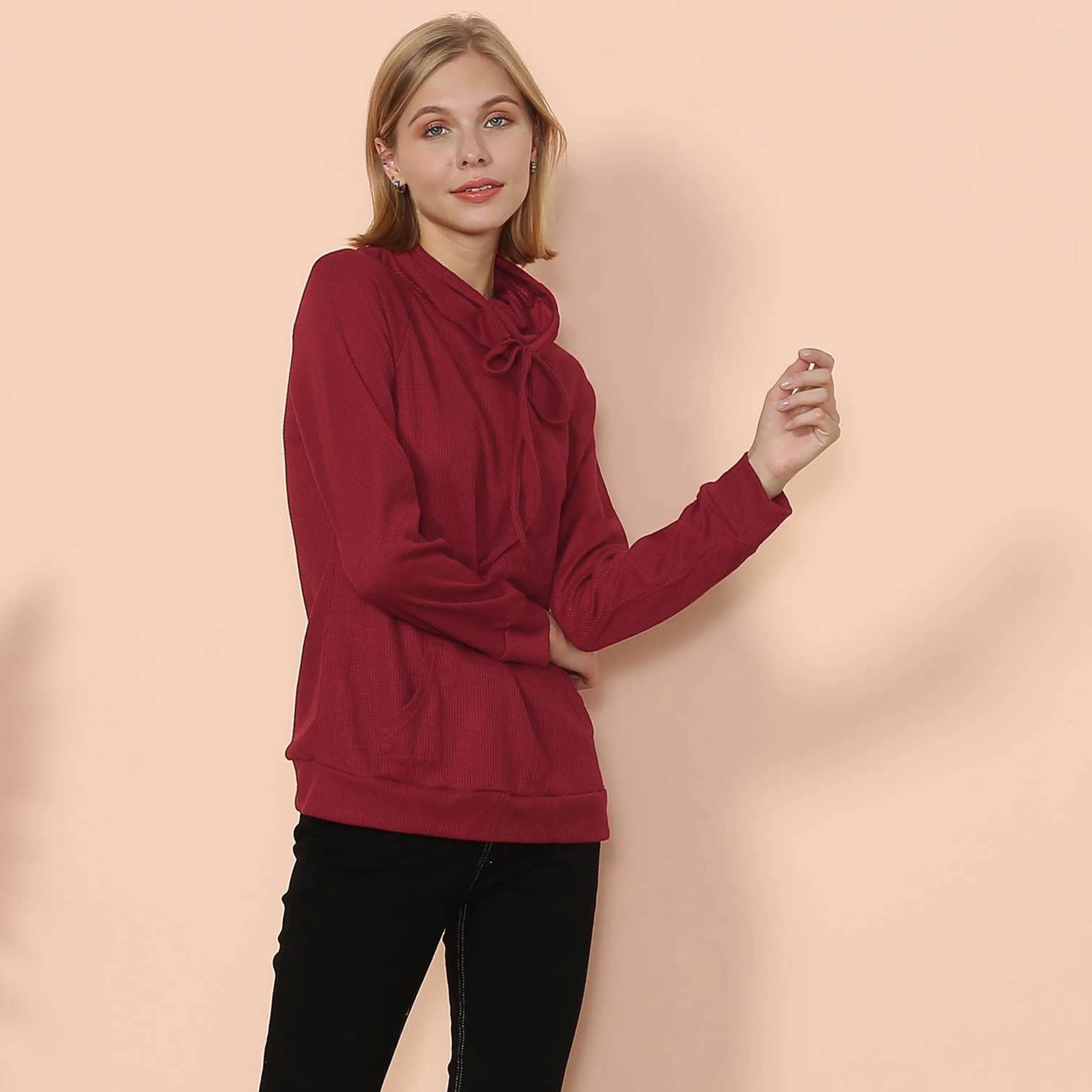 Waffle Knit Cowl Neck Pullover - Image 11