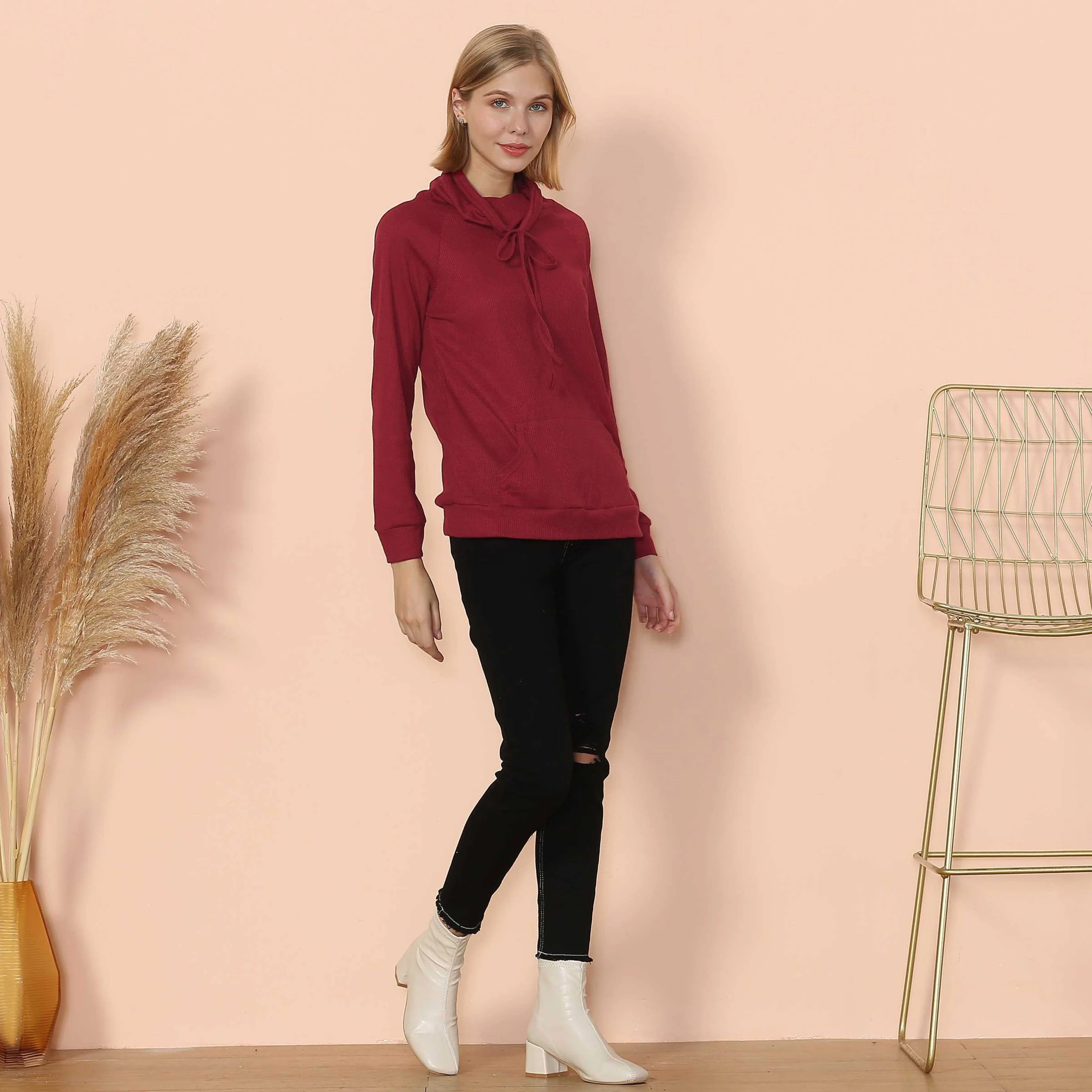 Waffle Knit Cowl Neck Pullover - Image 12