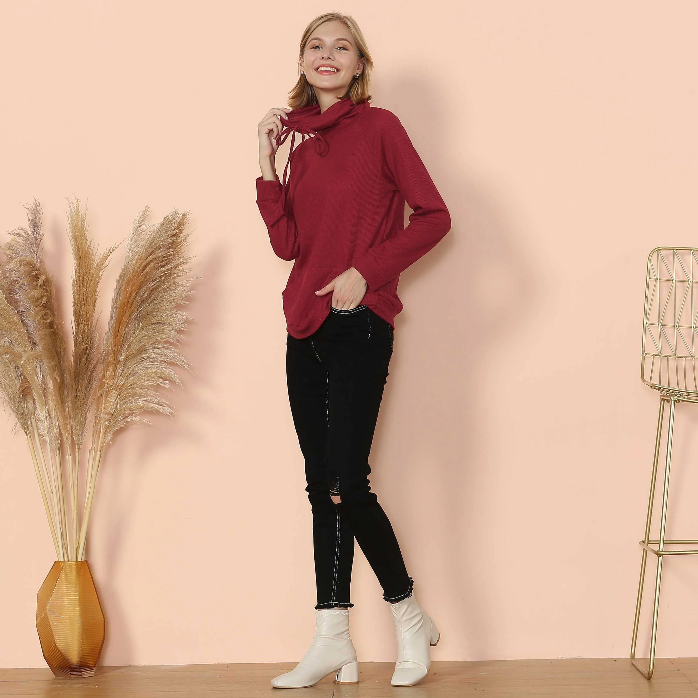 Waffle Knit Cowl Neck Pullover - Image 13