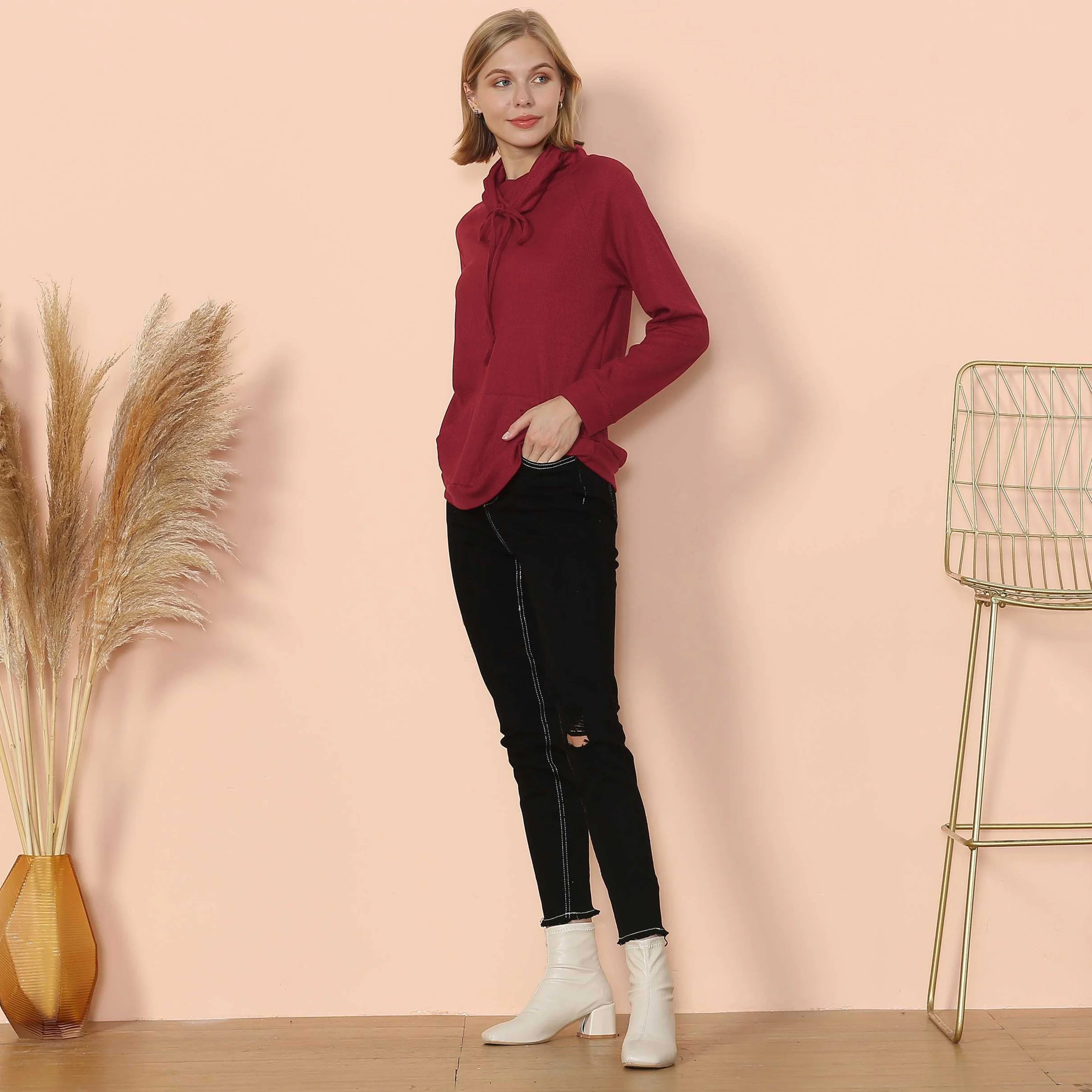 Waffle Knit Cowl Neck Pullover - Image 14