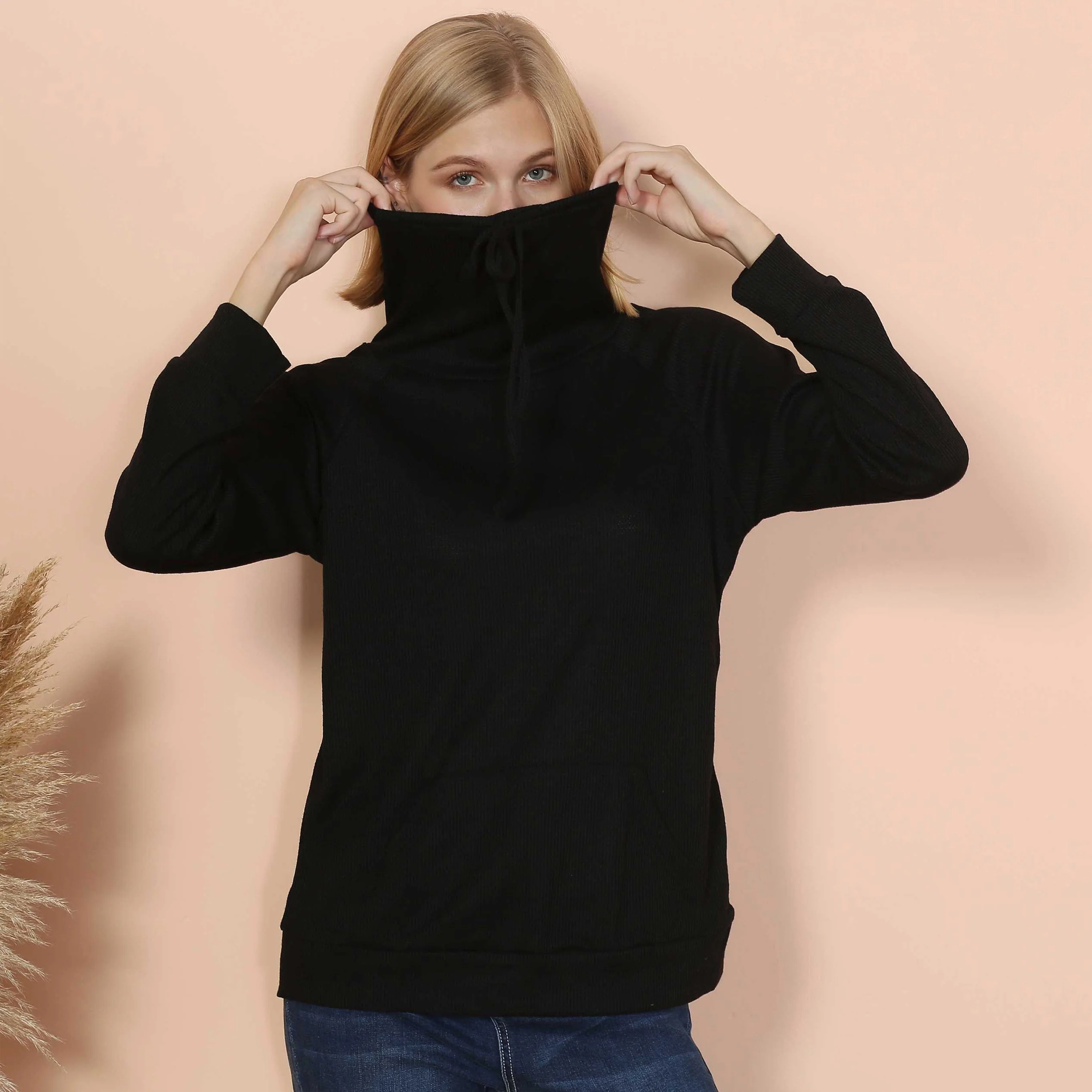 Waffle Knit Cowl Neck Pullover - Image 2