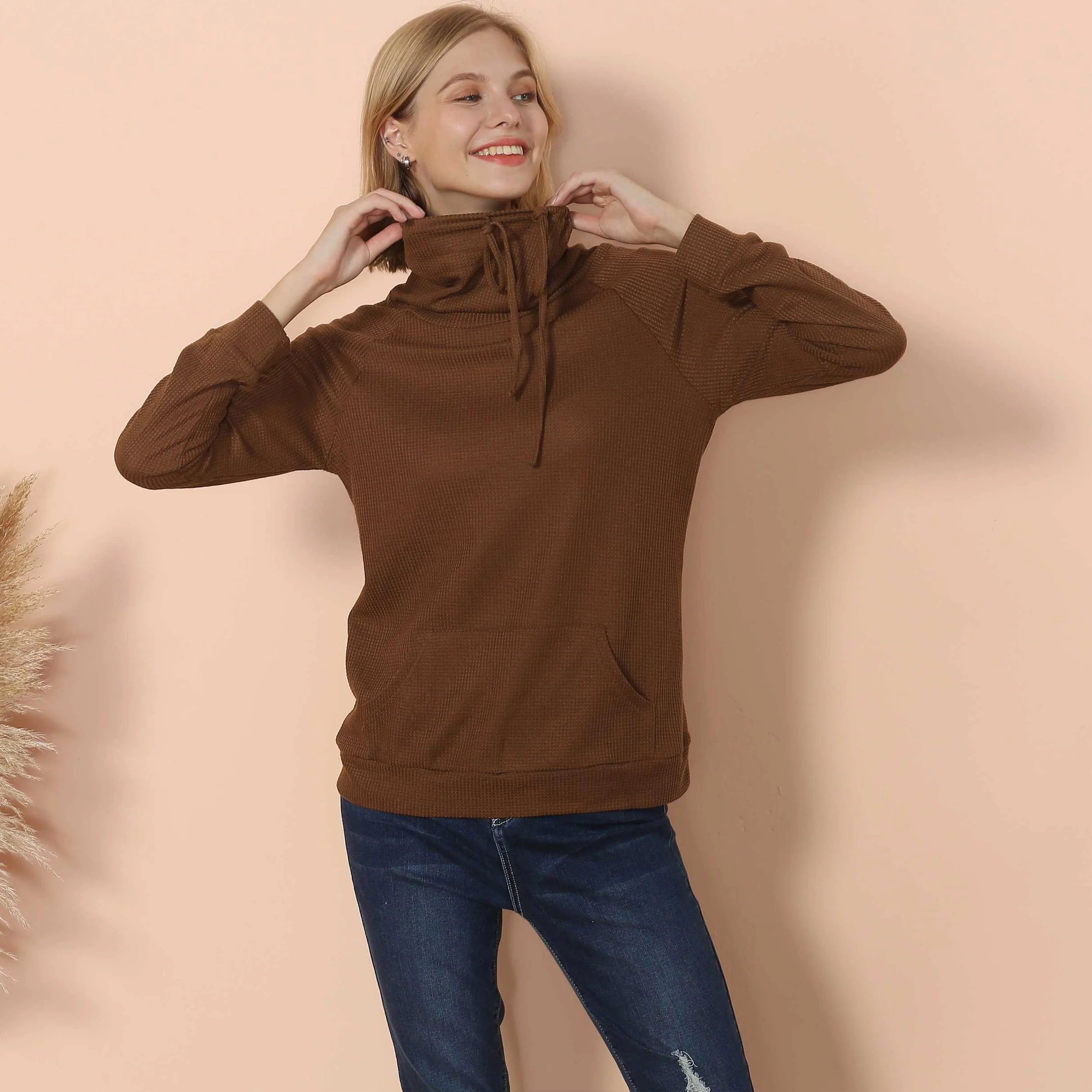 Waffle Knit Cowl Neck Pullover - Image 21