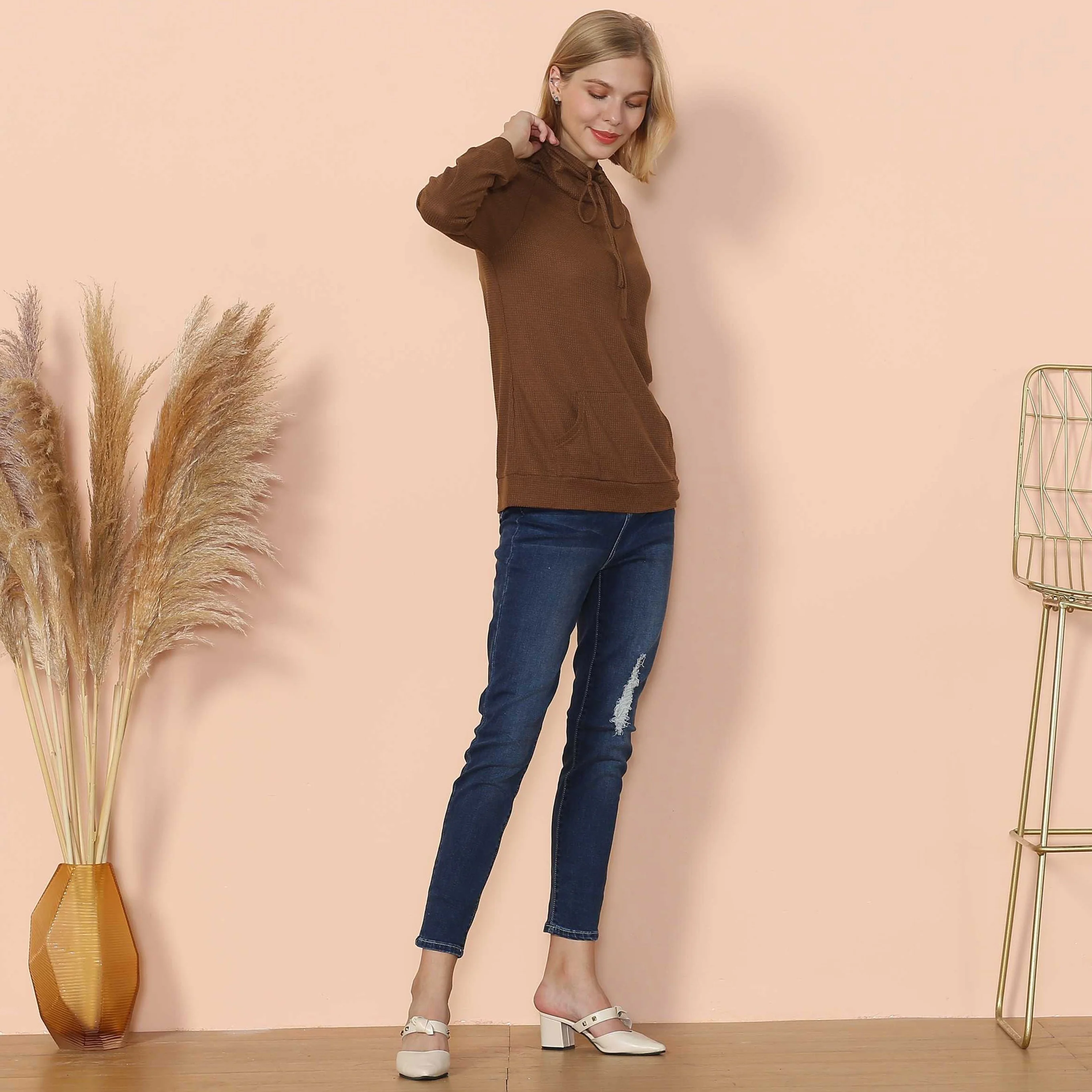 Waffle Knit Cowl Neck Pullover - Image 23