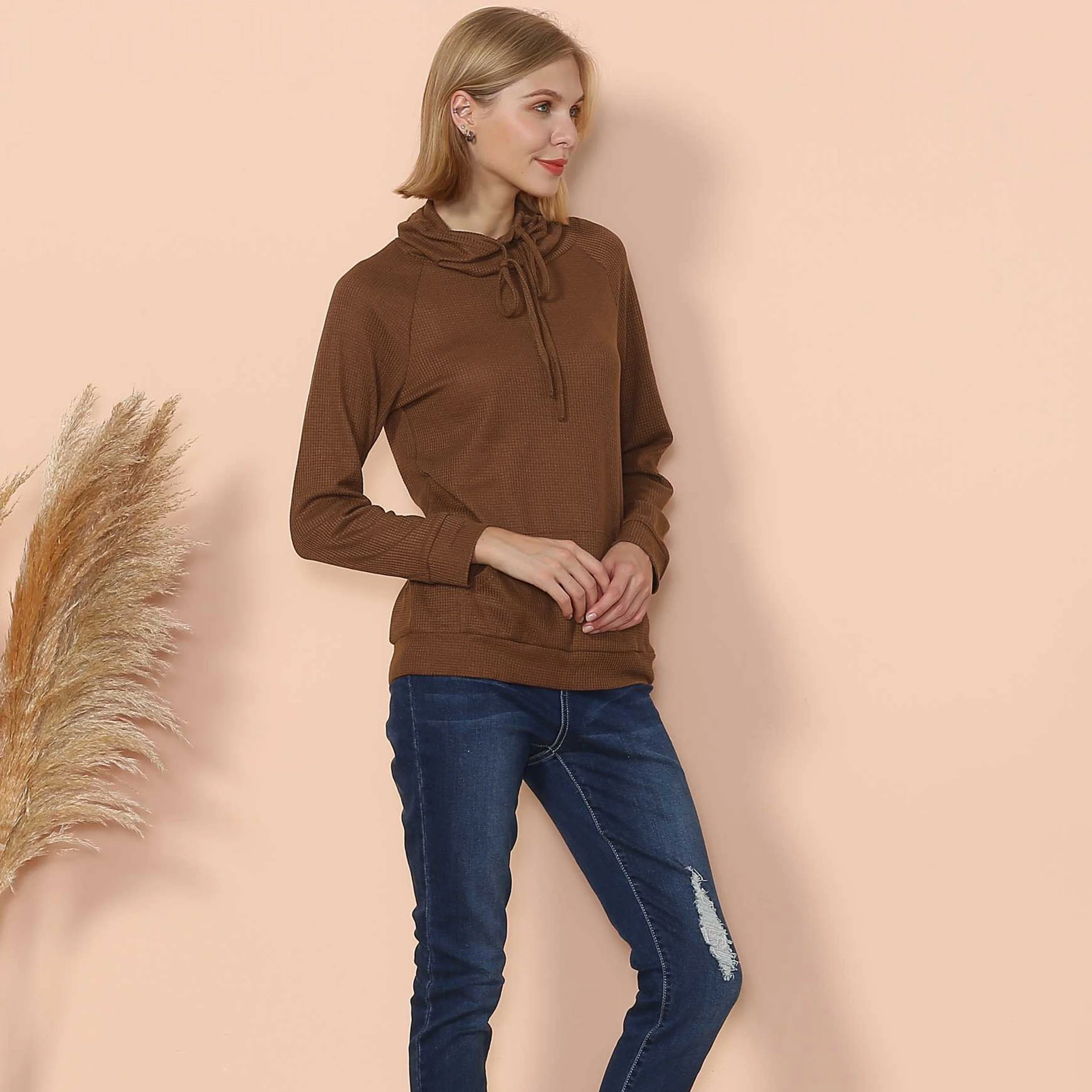 Waffle Knit Cowl Neck Pullover - Image 24