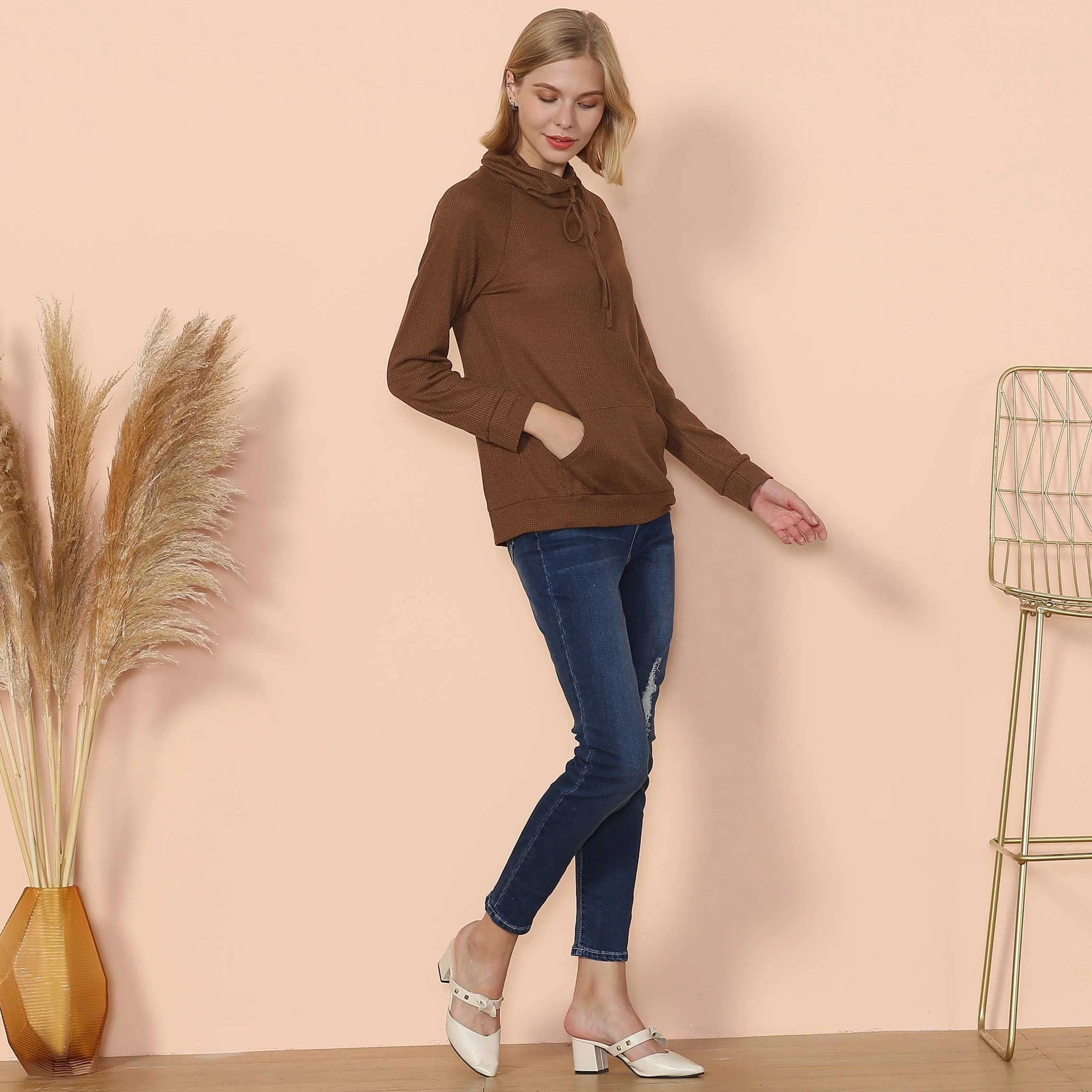 Waffle Knit Cowl Neck Pullover - Image 25