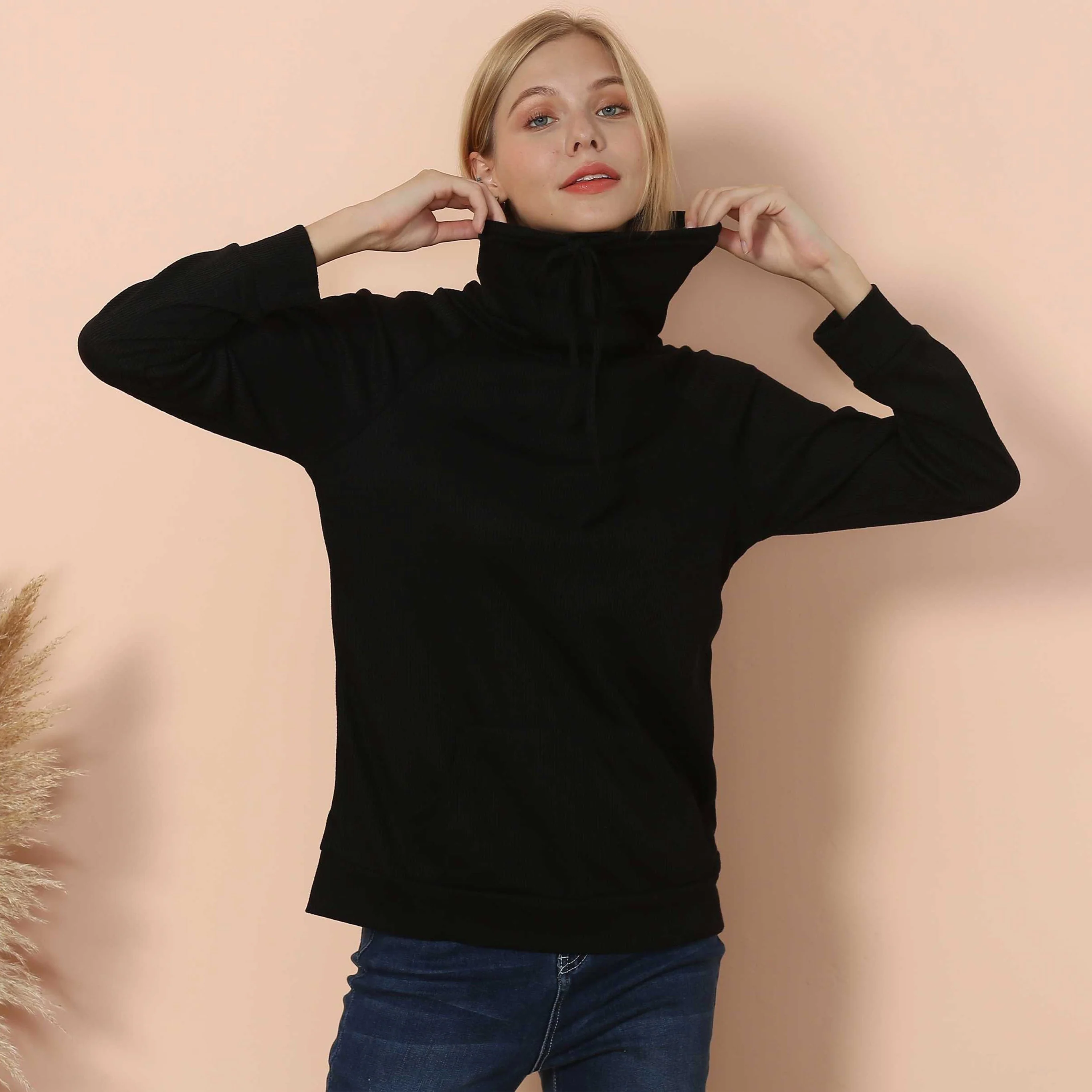 Waffle Knit Cowl Neck Pullover - Image 3