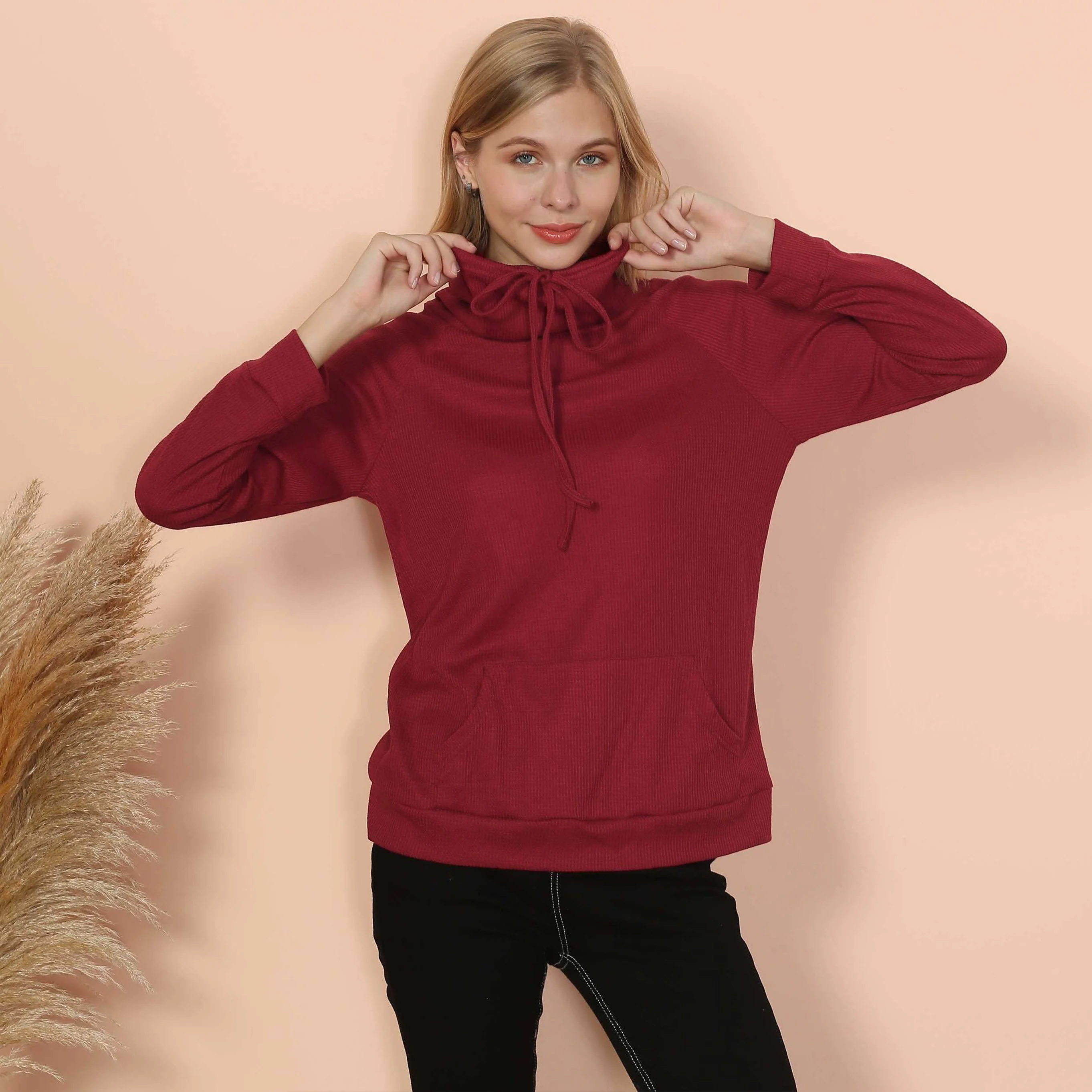 Waffle Knit Cowl Neck Pullover - Image 8