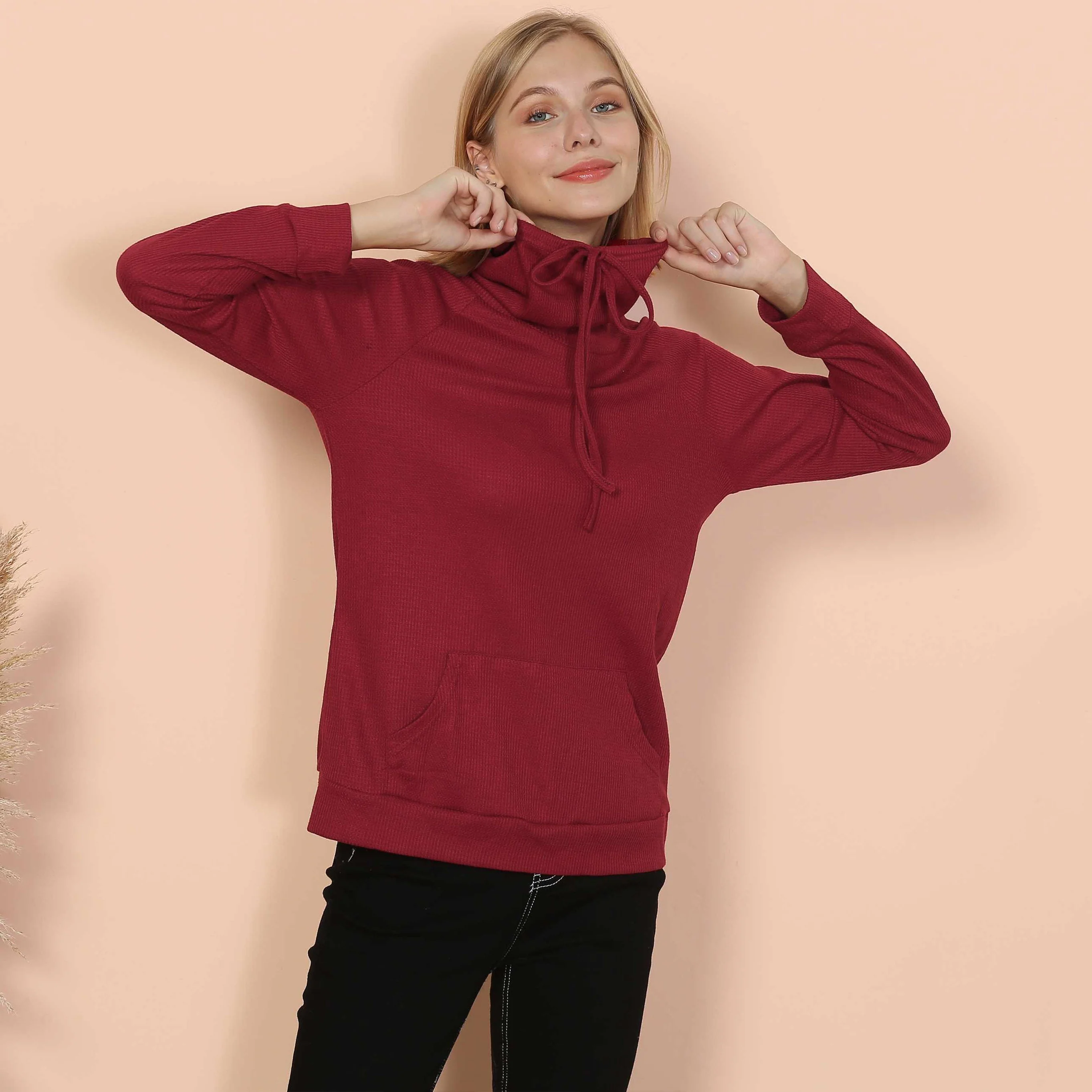 Waffle Knit Cowl Neck Pullover - Image 9