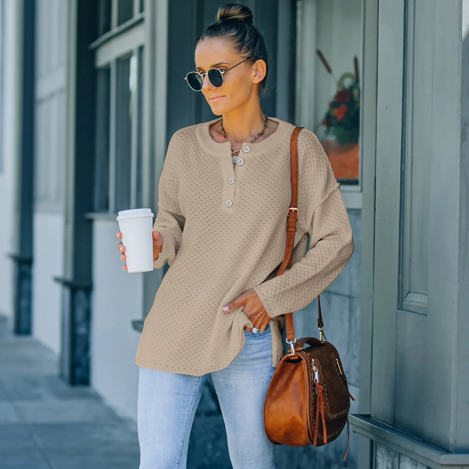 Waffle Knit Henley Lux Sweater - Image 15