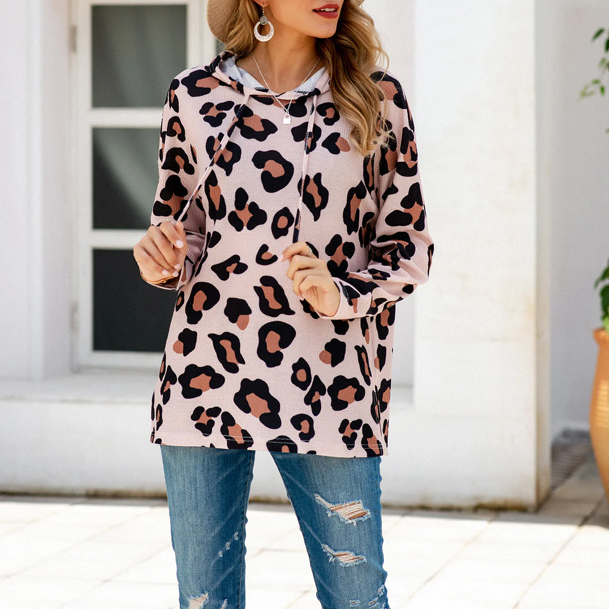 Waffle Knit Leopard Print Hoodie - Image 10
