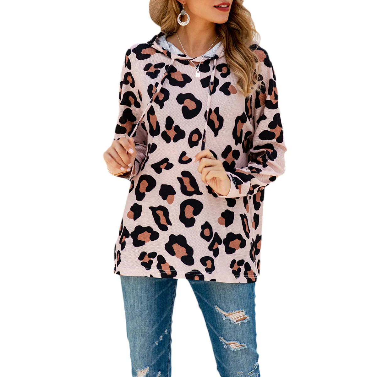 Waffle Knit Leopard Print Hoodie - Image 9