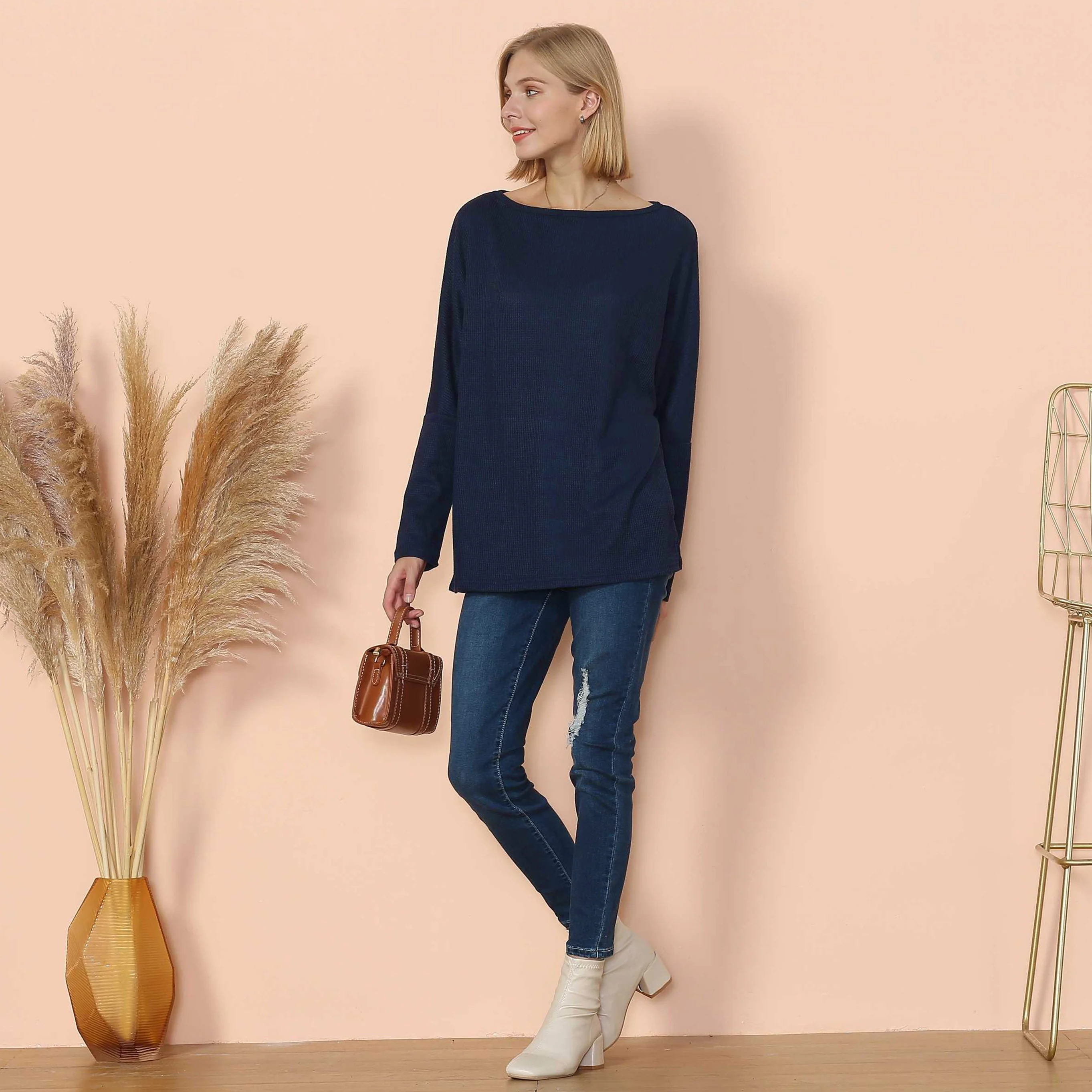 Waffle Knit Off Shoulder Oversized Sweater