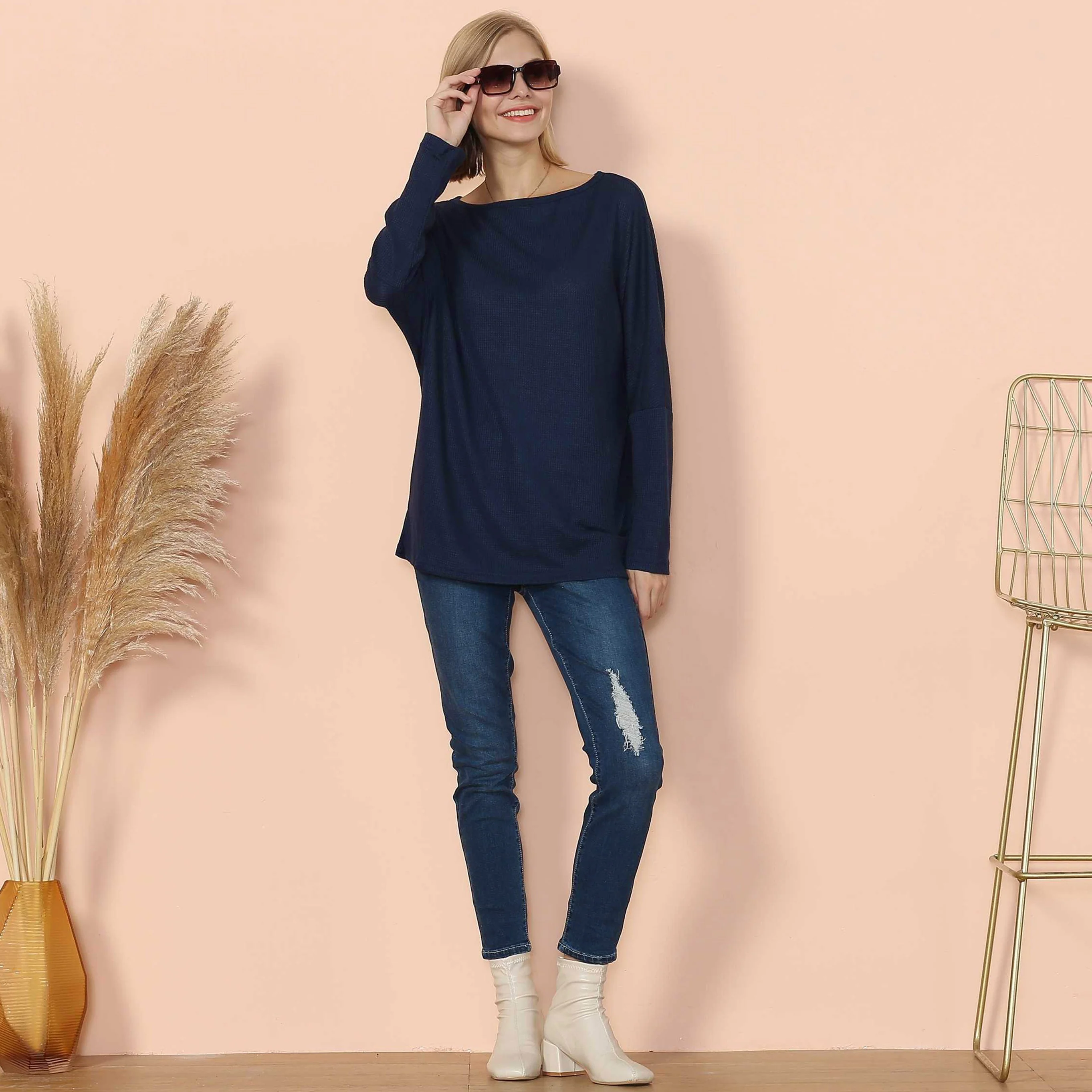 Waffle Knit Off Shoulder Oversized Sweater - Image 6
