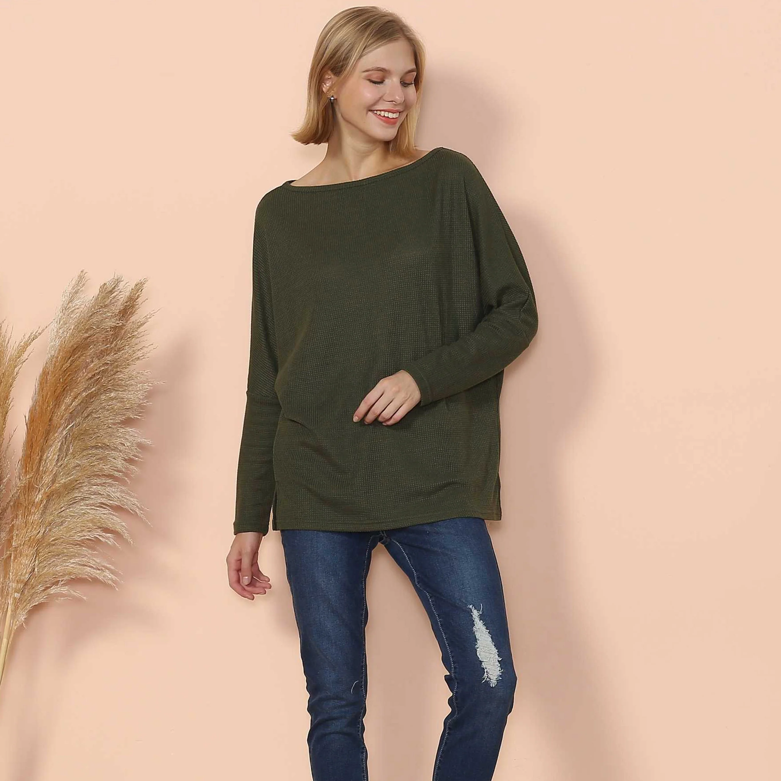 Waffle Knit Off Shoulder Oversized Sweater - Image 9