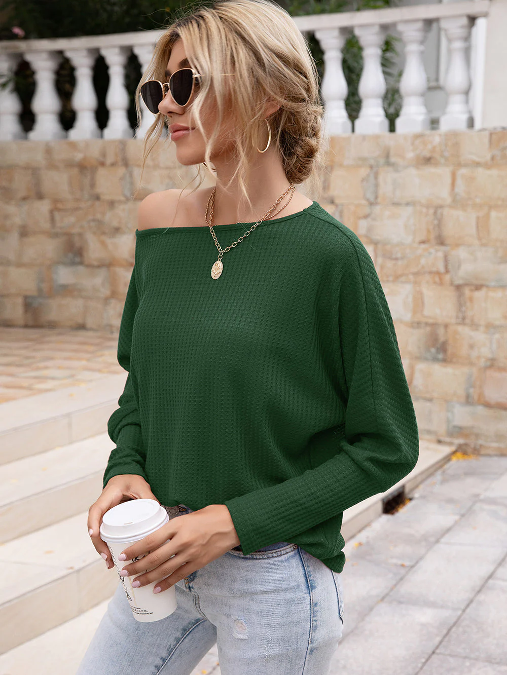 Waffle Knit One Shoulder Long Sleeve - Image 11