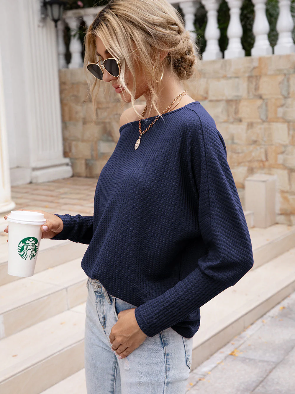 Waffle Knit One Shoulder Long Sleeve - Image 16