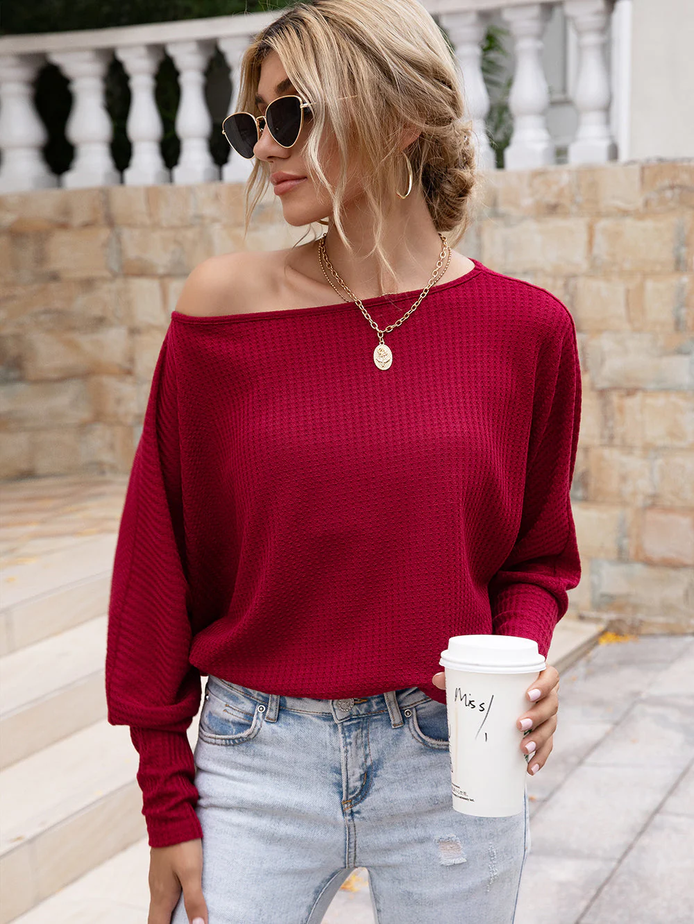 Waffle Knit One Shoulder Long Sleeve - Image 21