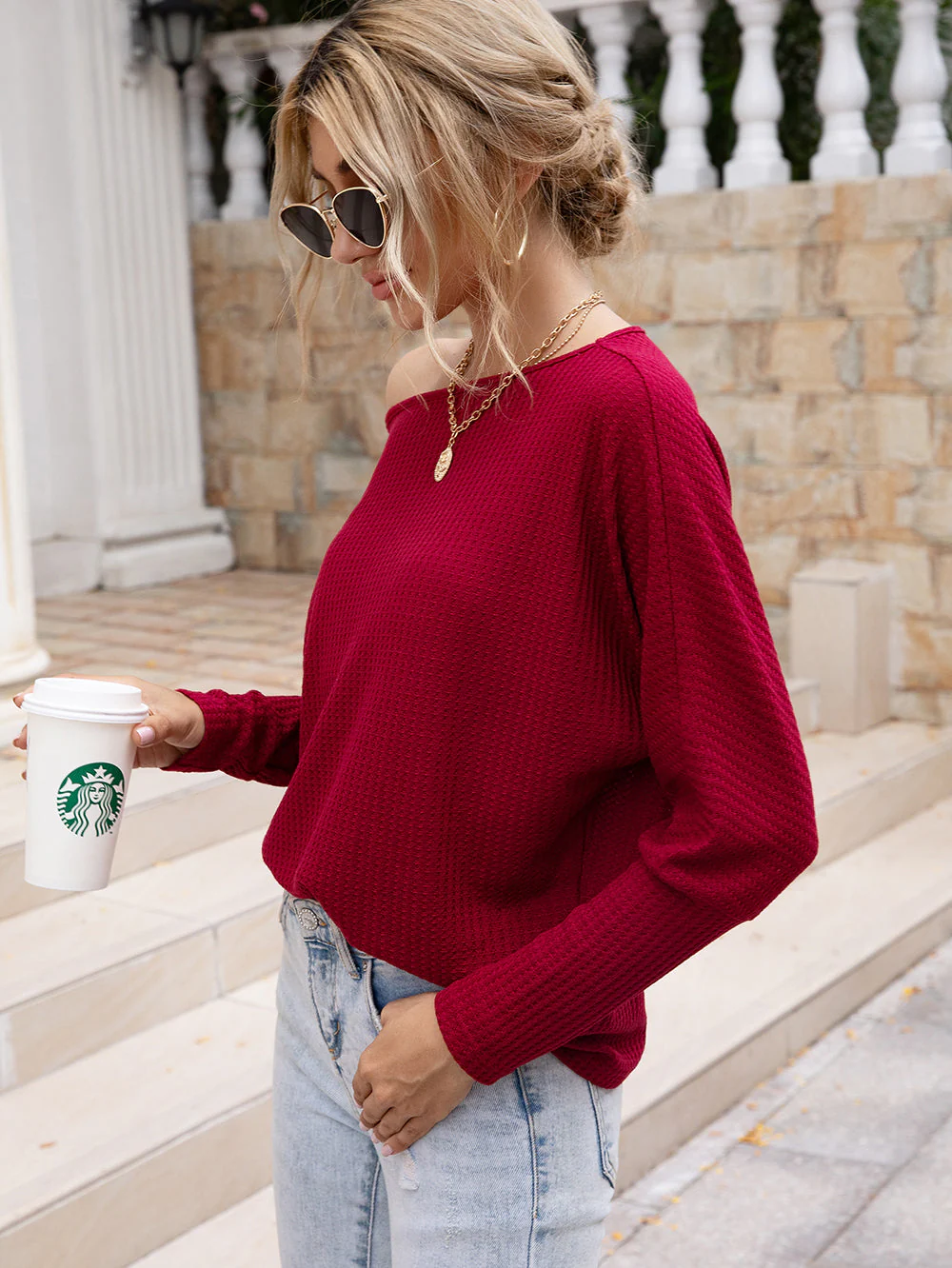 Waffle Knit One Shoulder Long Sleeve - Image 23