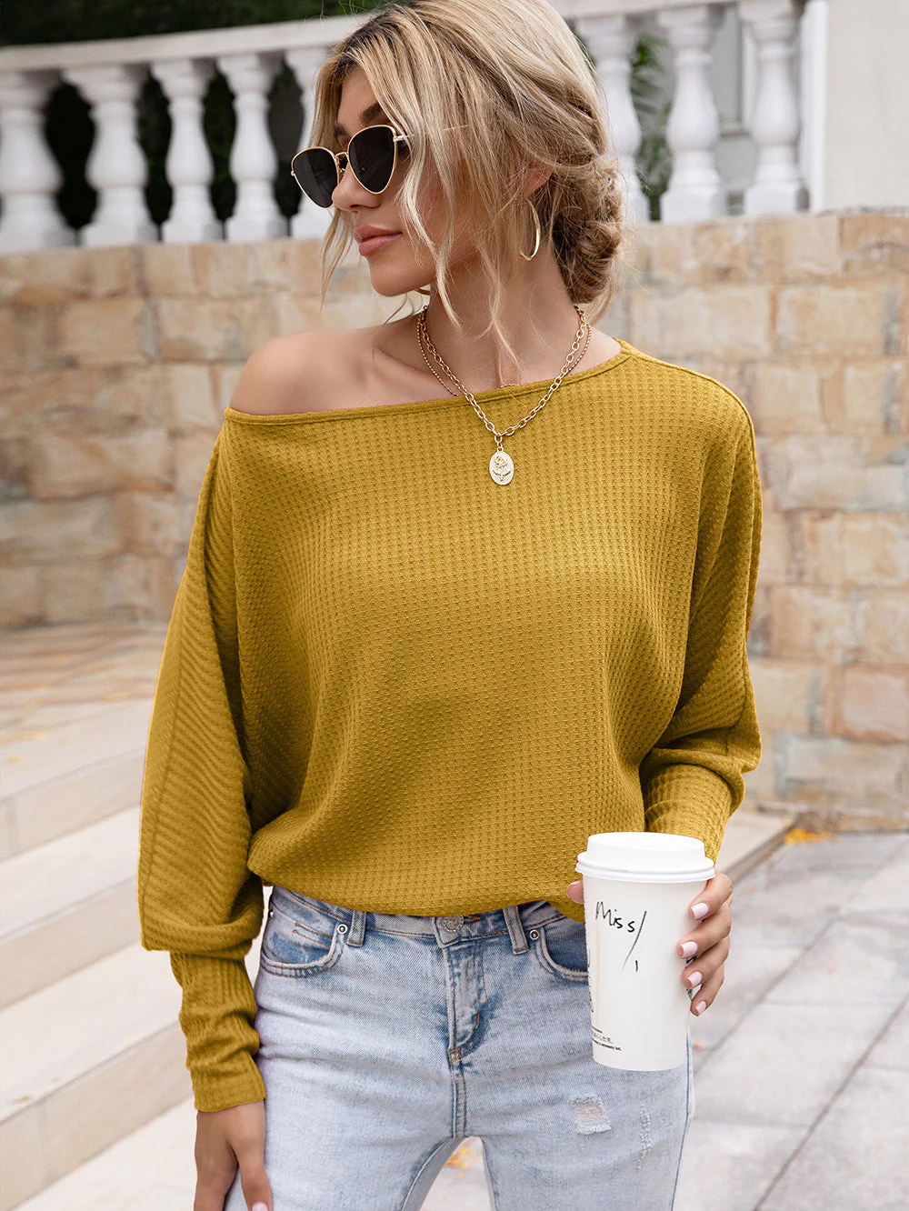Waffle Knit One Shoulder Long Sleeve - Image 28