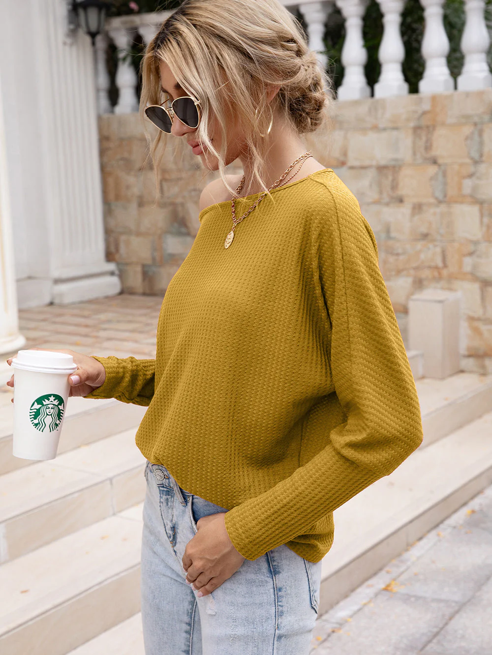 Waffle Knit One Shoulder Long Sleeve - Image 29