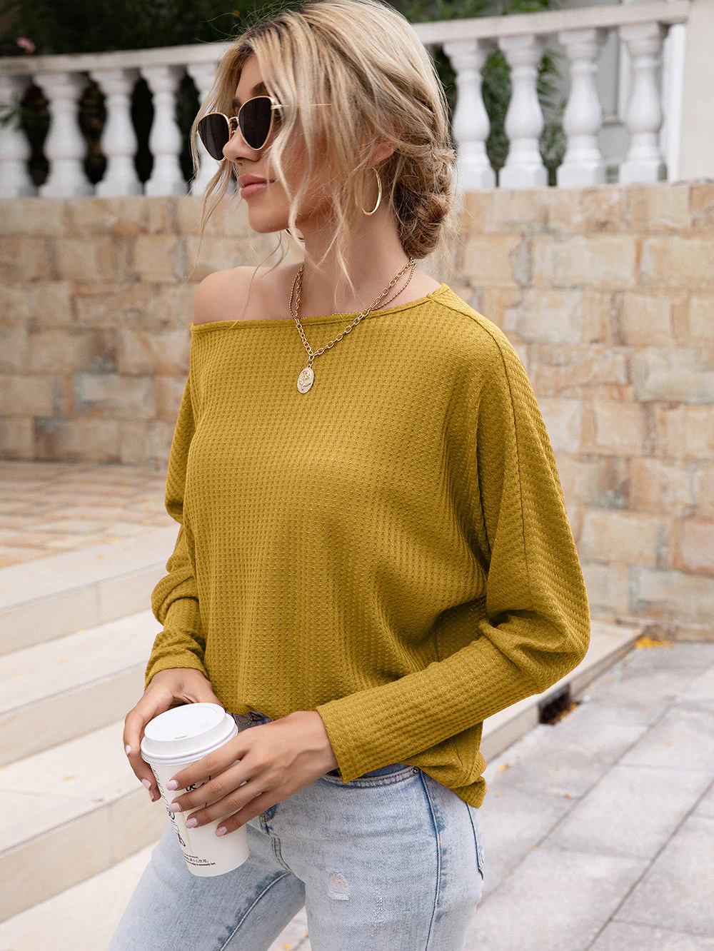Waffle Knit One Shoulder Long Sleeve - Image 30