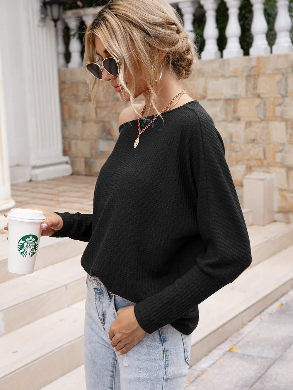 Waffle Knit One Shoulder Long Sleeve - Image 4