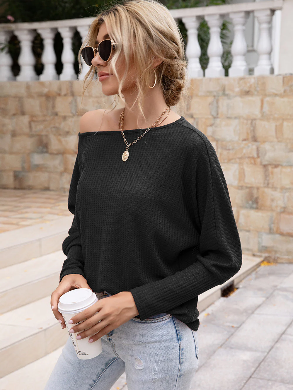Waffle Knit One Shoulder Long Sleeve - Image 5