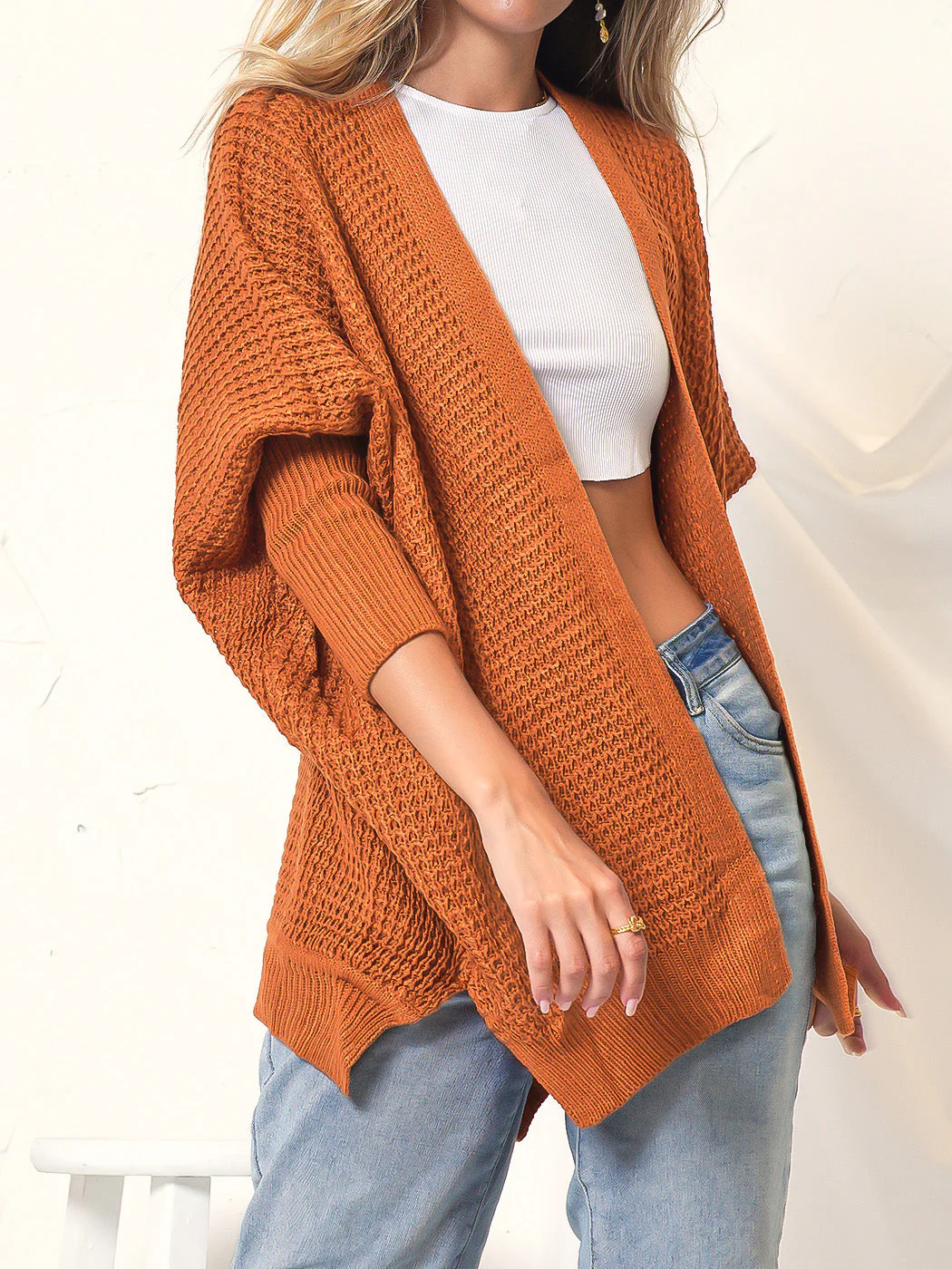Waffle Knit Open Front Cardigan Sweater - Image 3