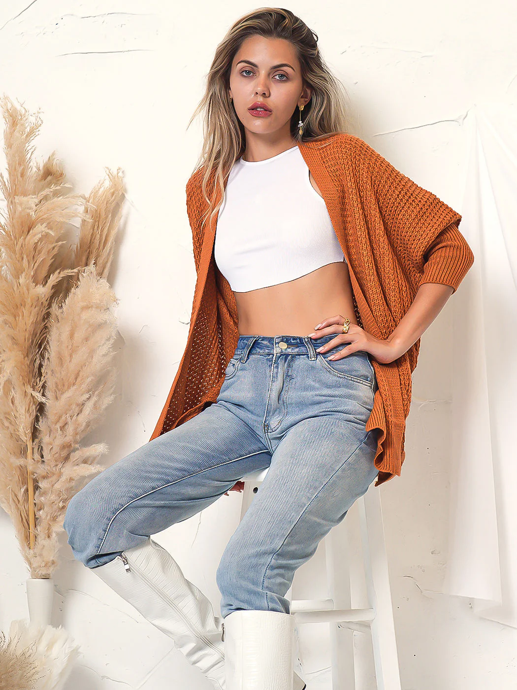 Waffle Knit Open Front Cardigan Sweater - Image 4