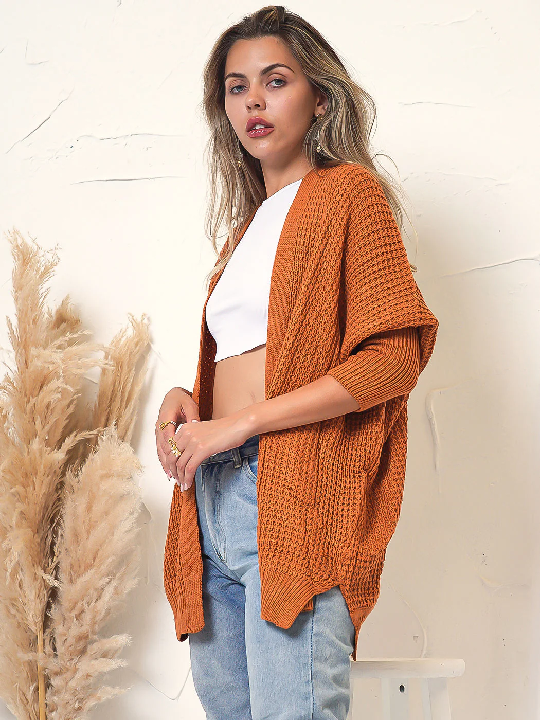 Waffle Knit Open Front Cardigan Sweater - Image 5